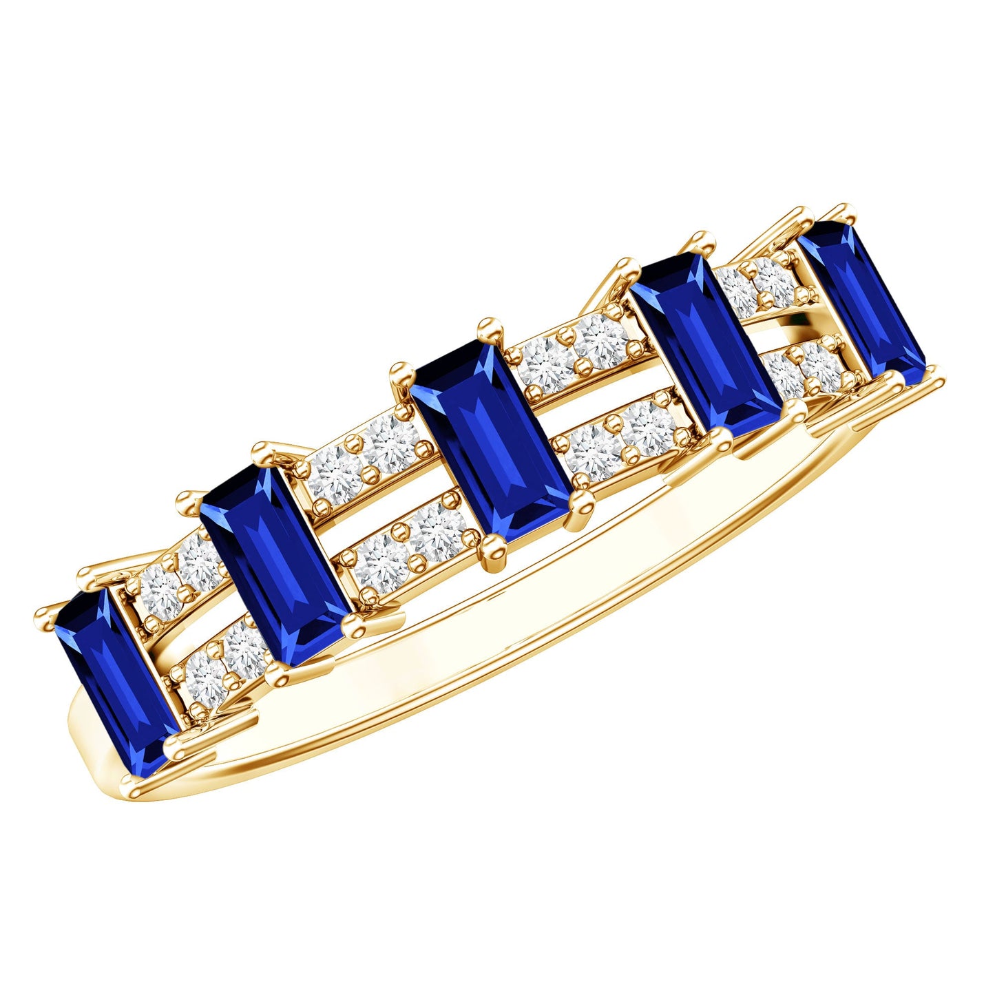 Certified Baguette Lab Grown Blue Sapphire Half Eternity Band Ring with Diamond