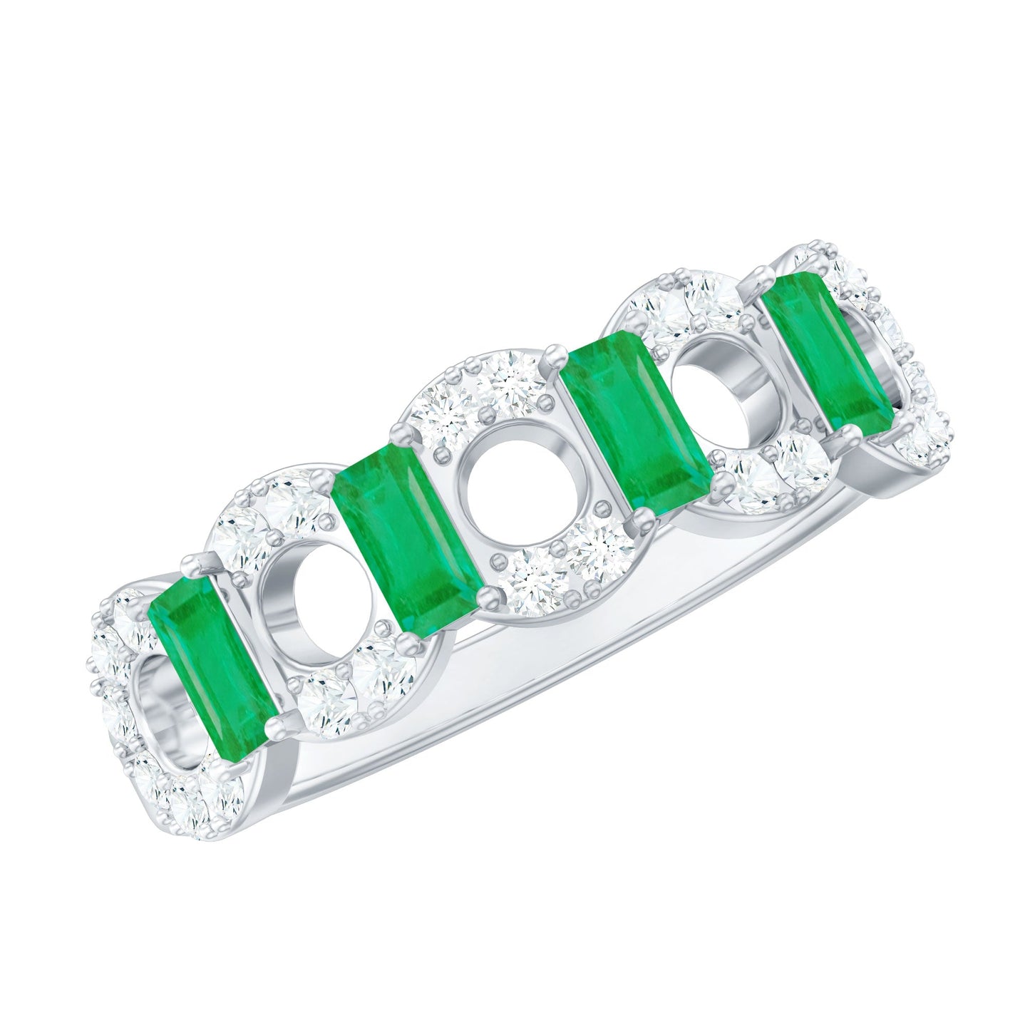 Natural Baguette Emerald Diamond Art Deco Half Eternity Ring