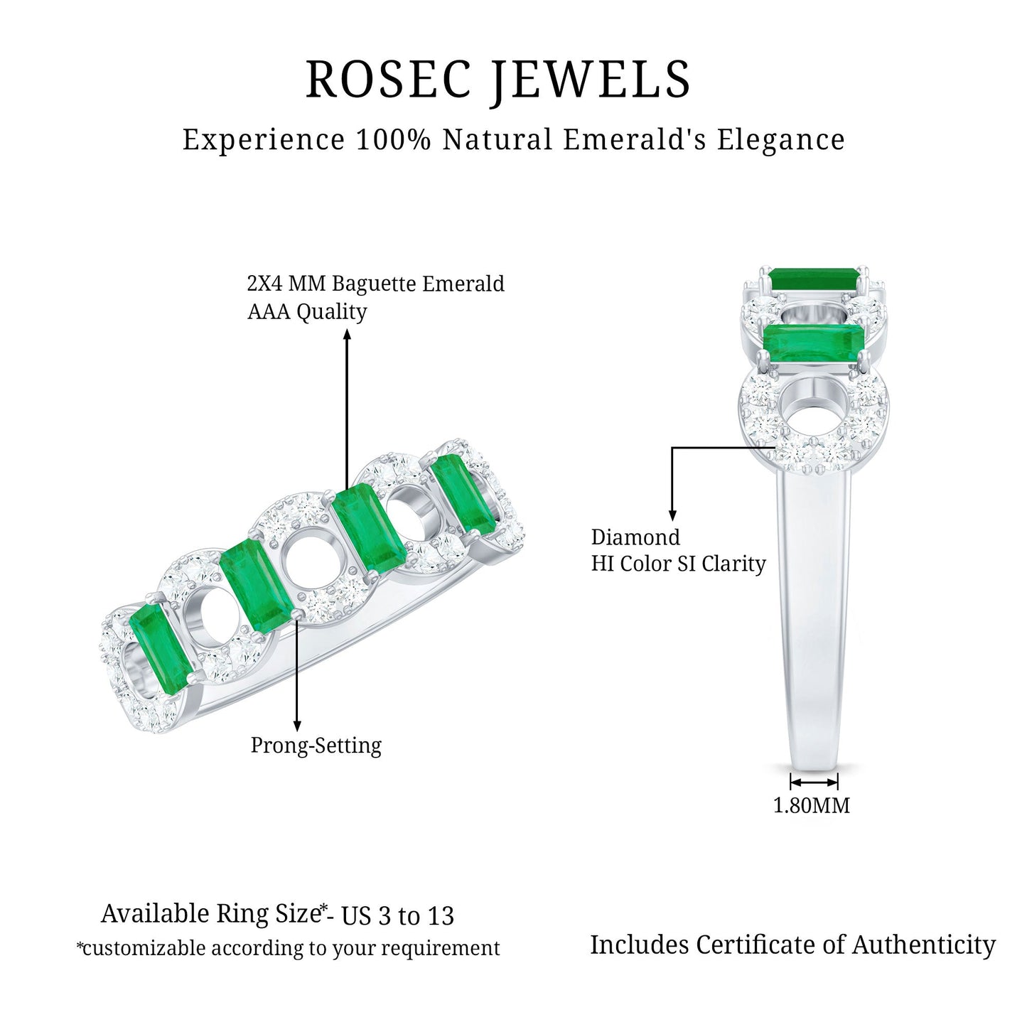 Natural Baguette Emerald Diamond Art Deco Half Eternity Ring
