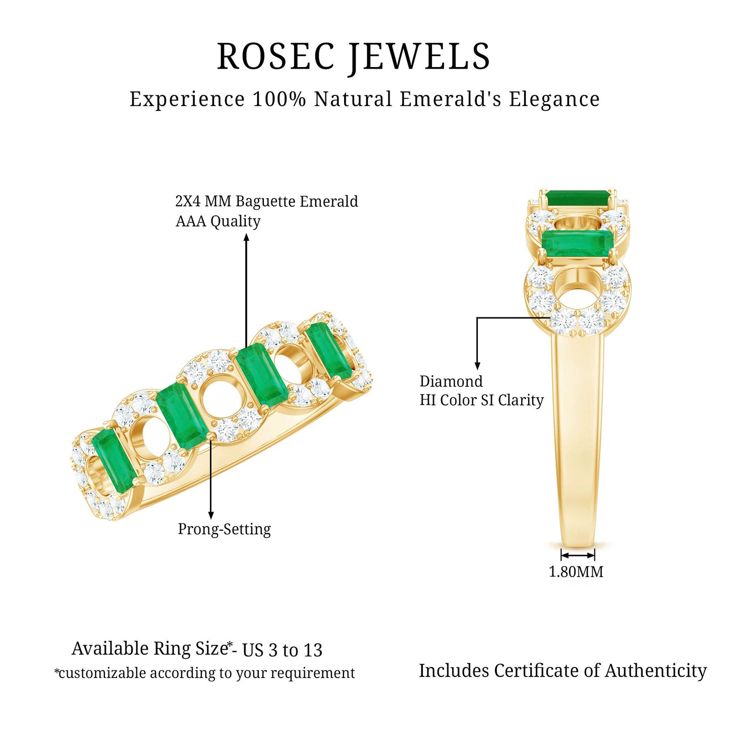 Natural Baguette Emerald Diamond Art Deco Half Eternity Ring