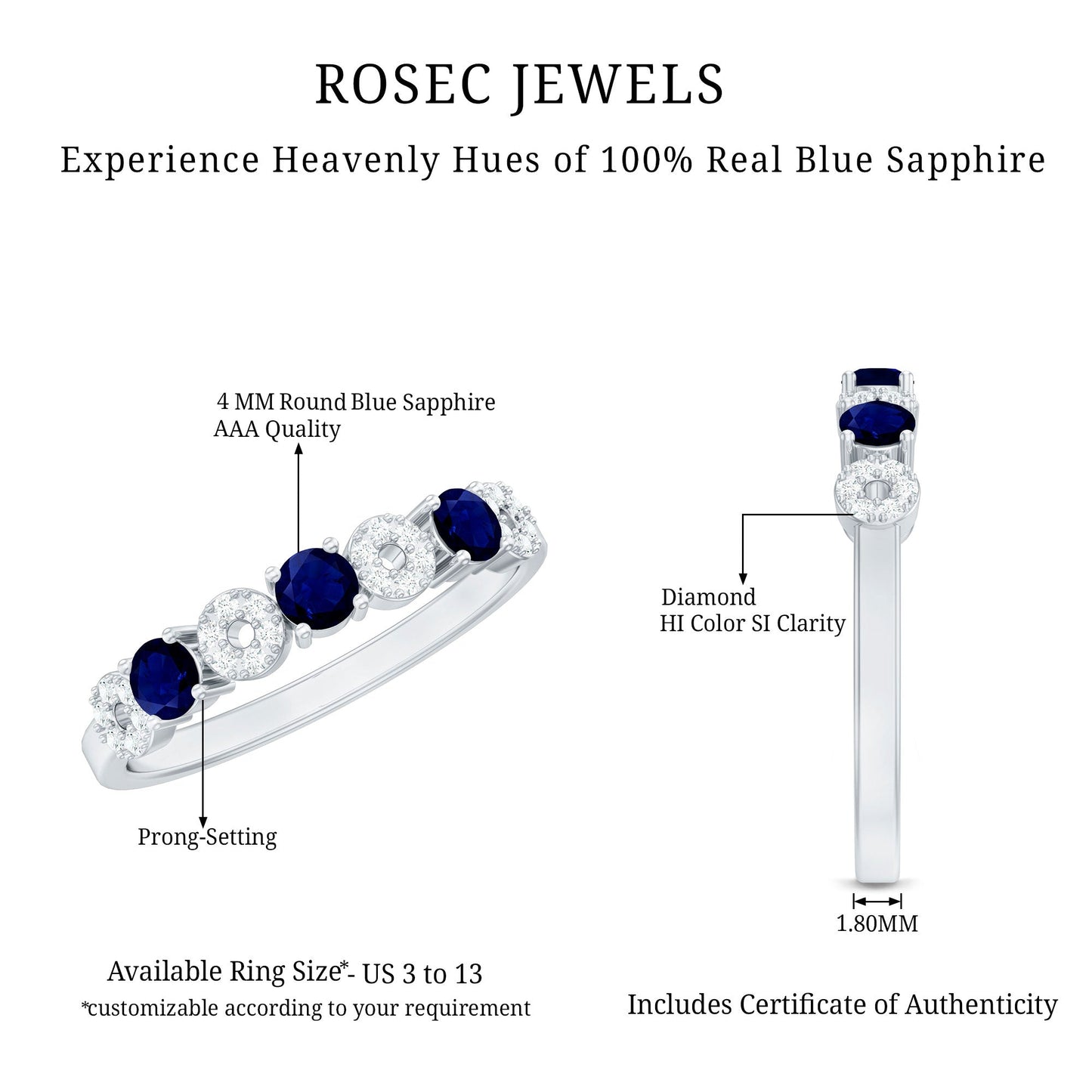 Natural Blue Sapphire Diamond Half Eternity Ring for Women