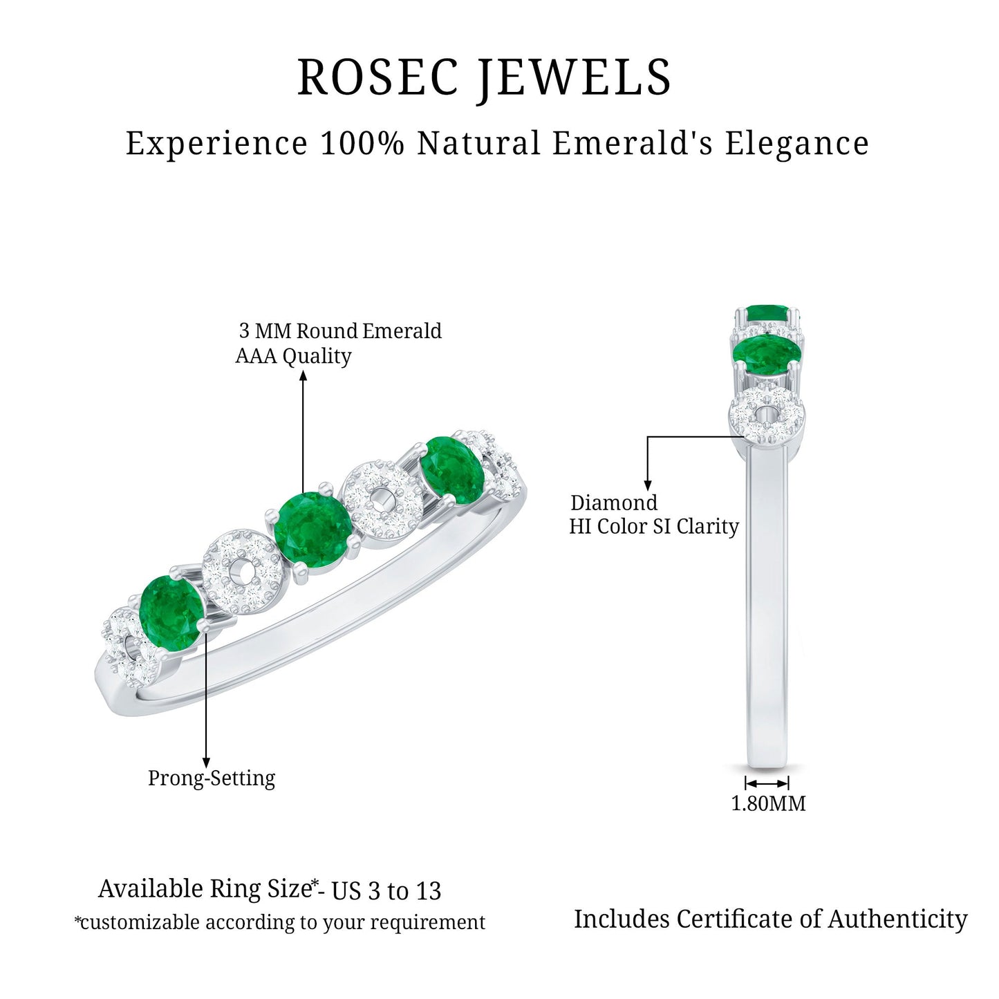 Natural Emerald Diamond Half Eternity Anniversary Ring with Certificate