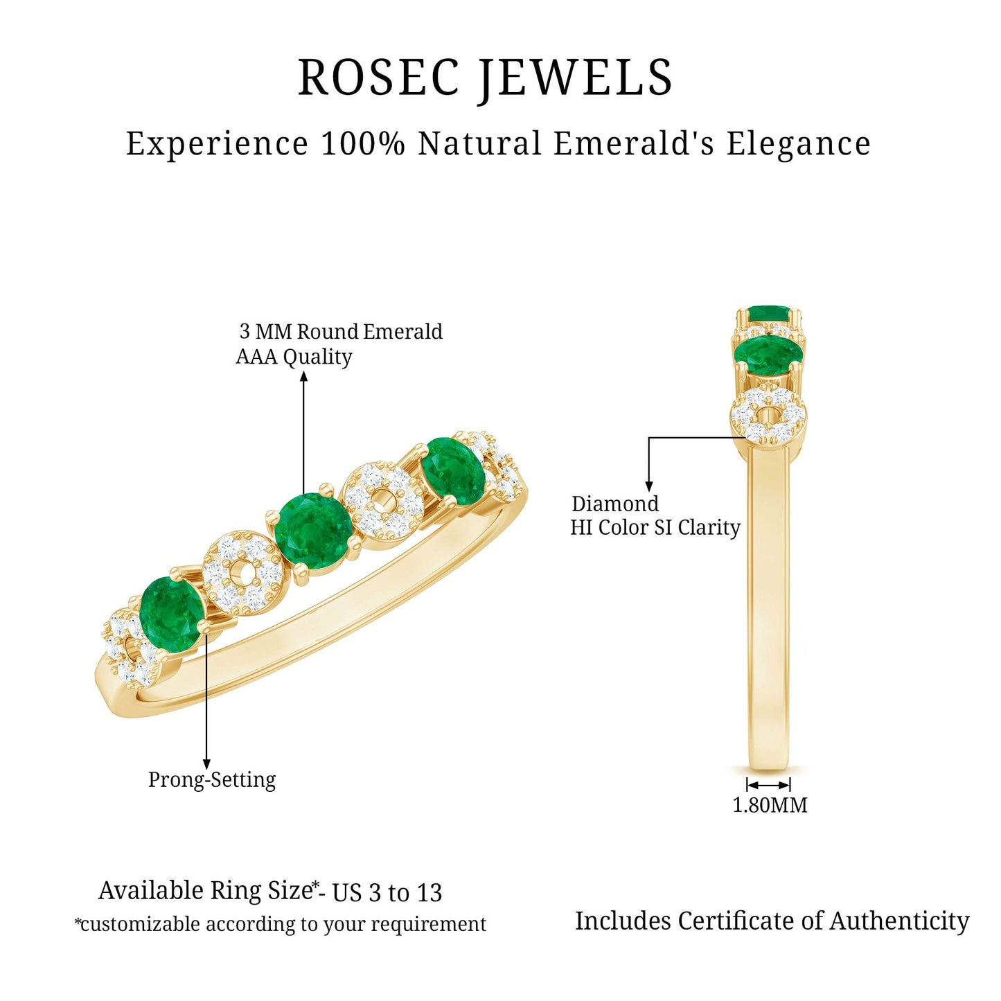 Natural Emerald Diamond Half Eternity Anniversary Ring with Certificate