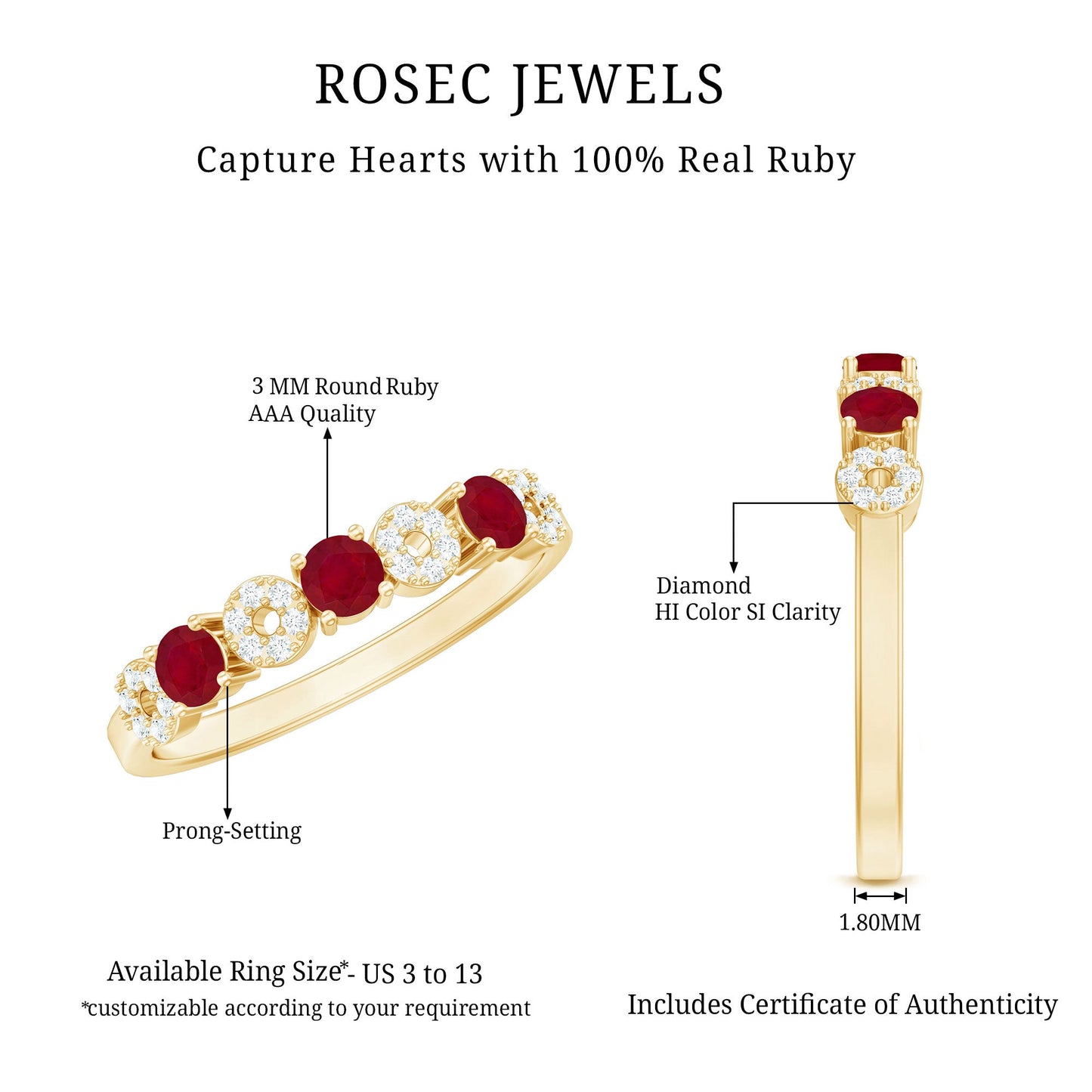 Genuine Ruby Half Eternity Ring with Diamond for Women