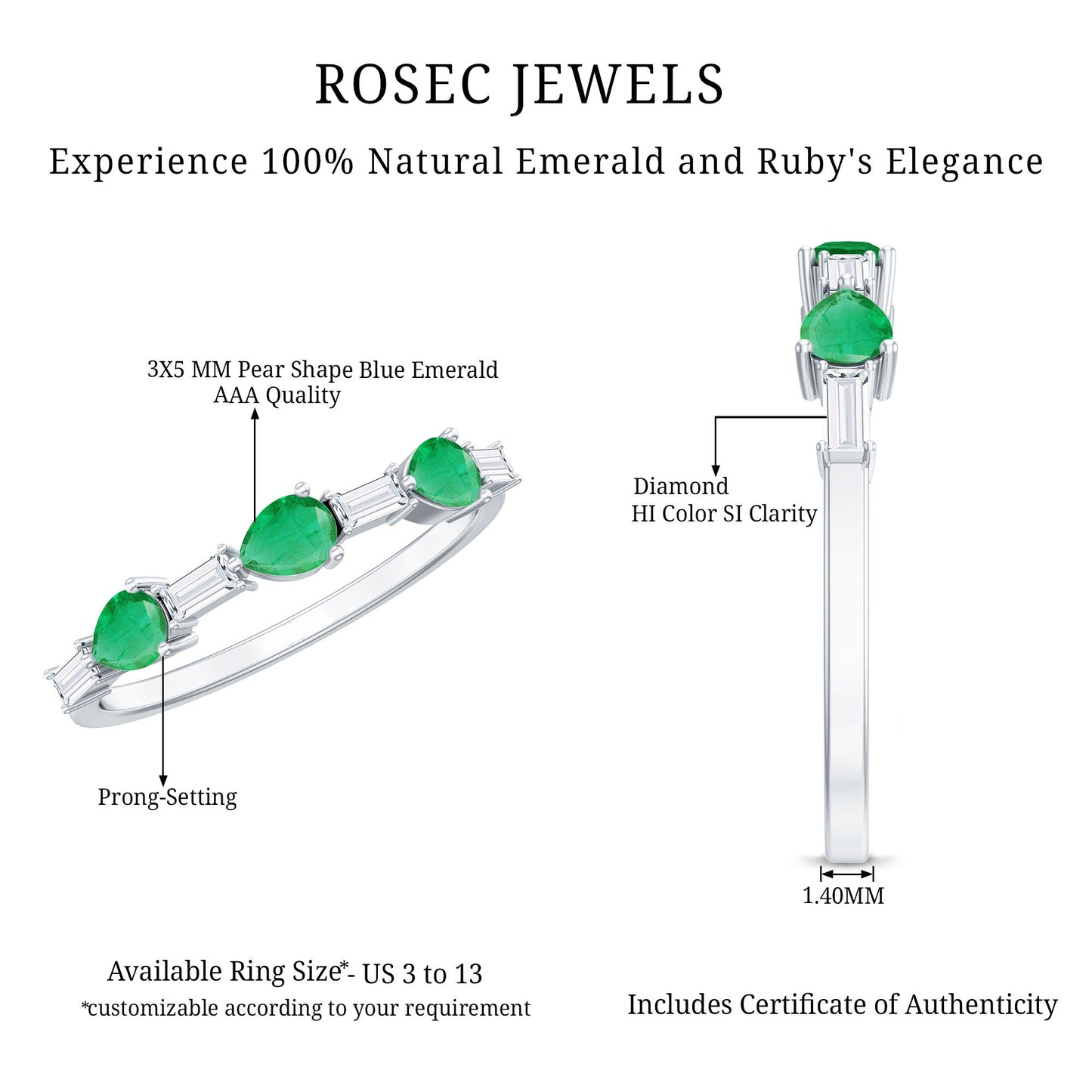 Certified Natural Emerald Diamond Half Eternity Anniversary Ring in East West Style