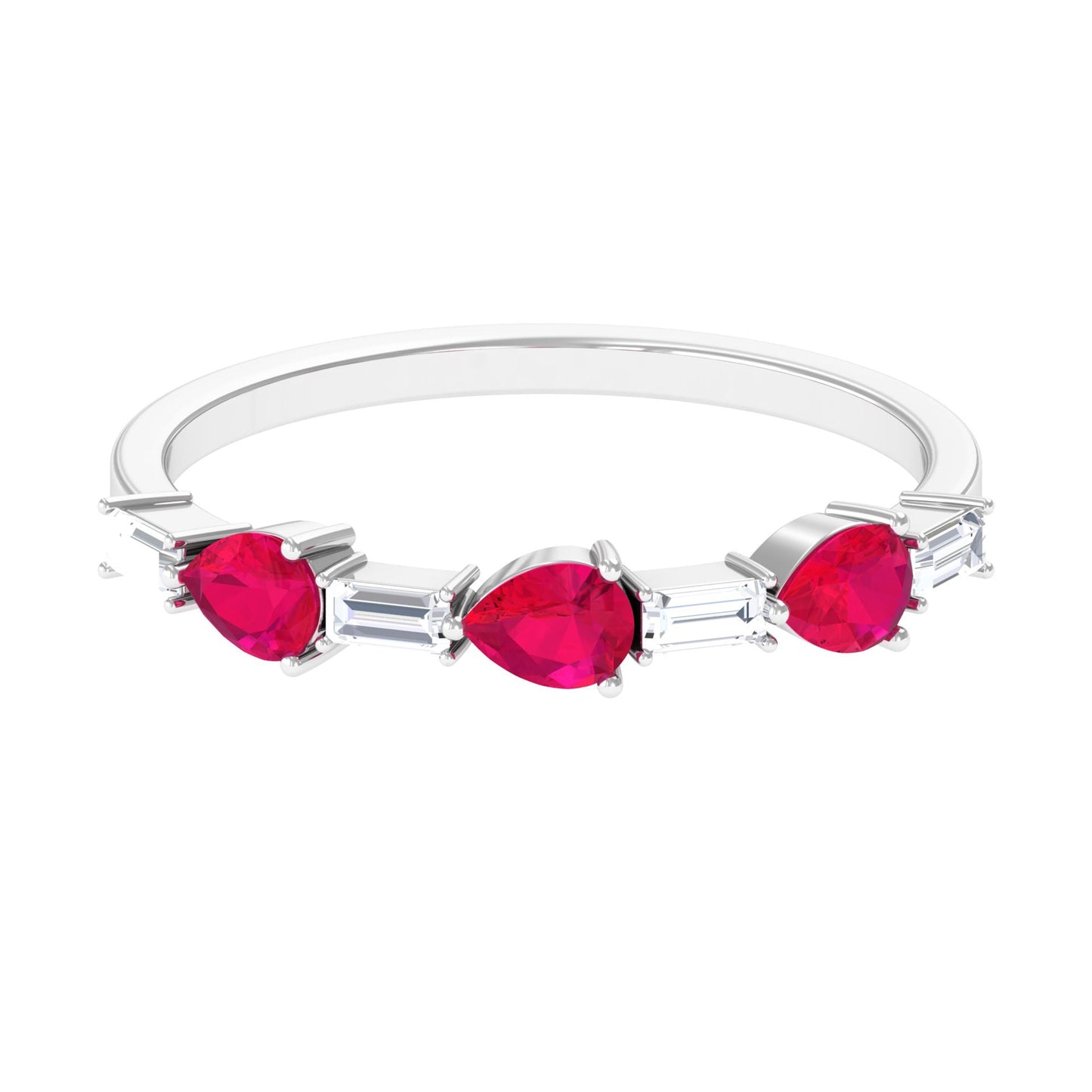 East West Style Pear Shape Ruby Half Eternity Ring with Baguette Diamond