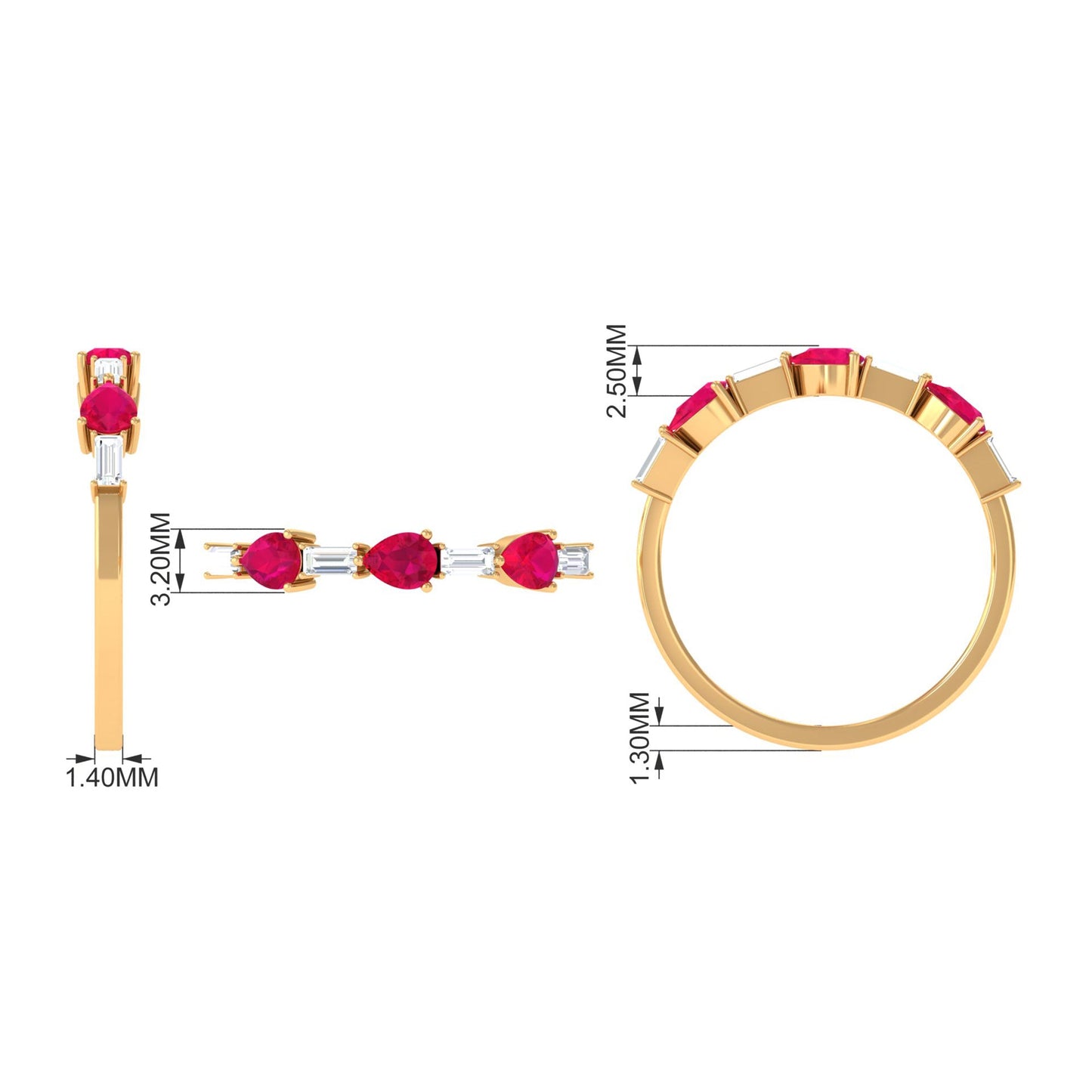 East West Style Pear Shape Ruby Half Eternity Ring with Baguette Diamond