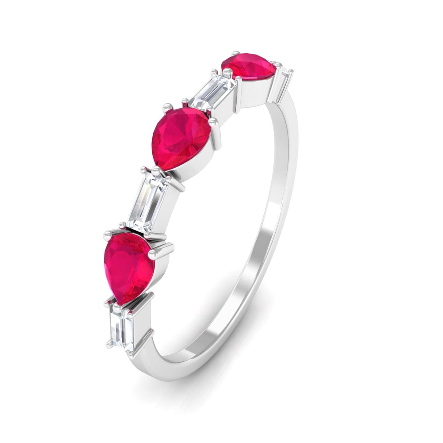 East West Style Pear Shape Ruby Half Eternity Ring with Baguette Diamond