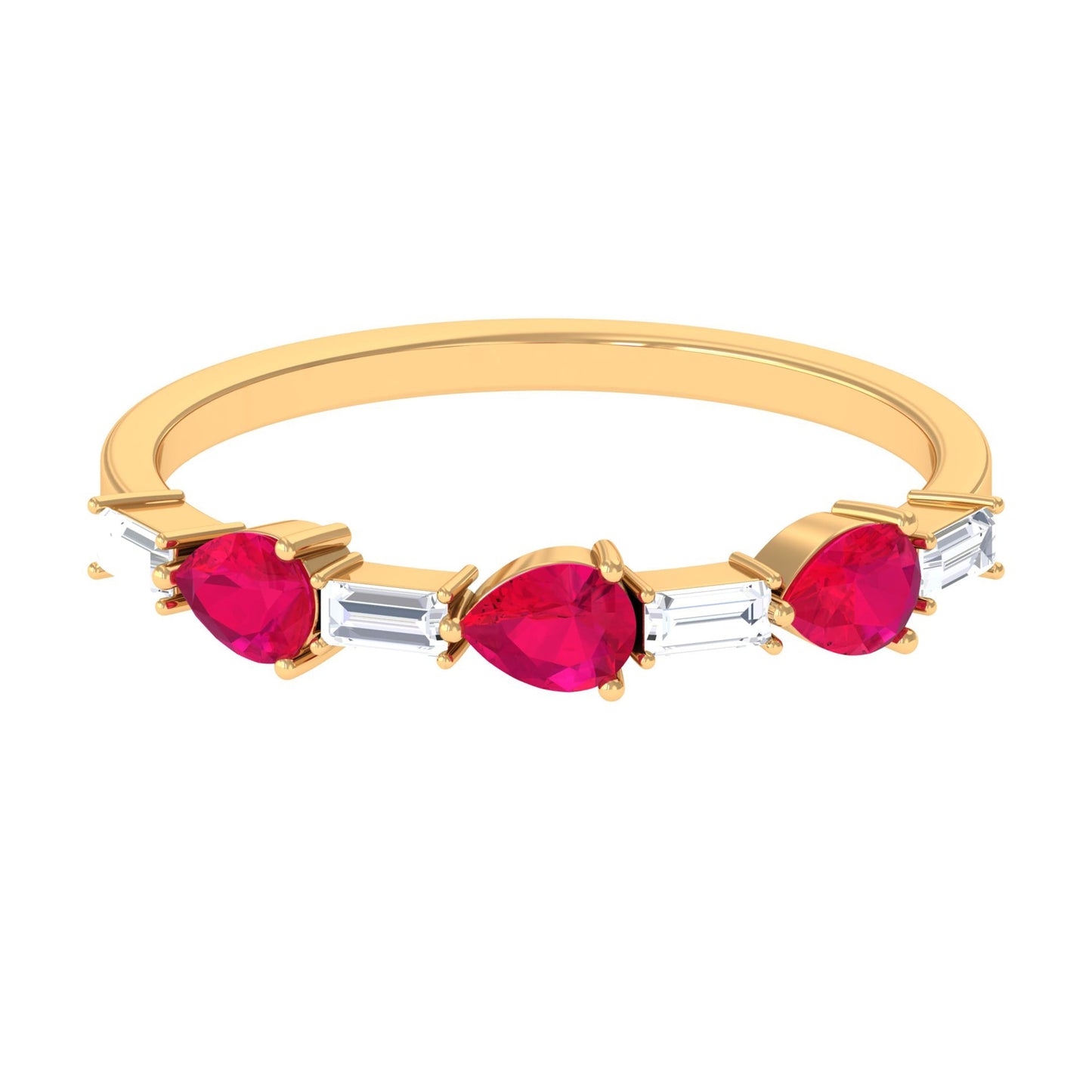East West Style Pear Shape Ruby Half Eternity Ring with Baguette Diamond