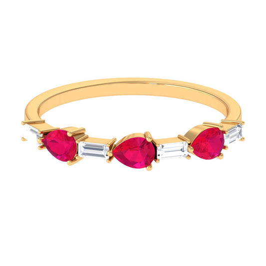 East West Style Pear Shape Ruby Half Eternity Ring with Baguette Diamond