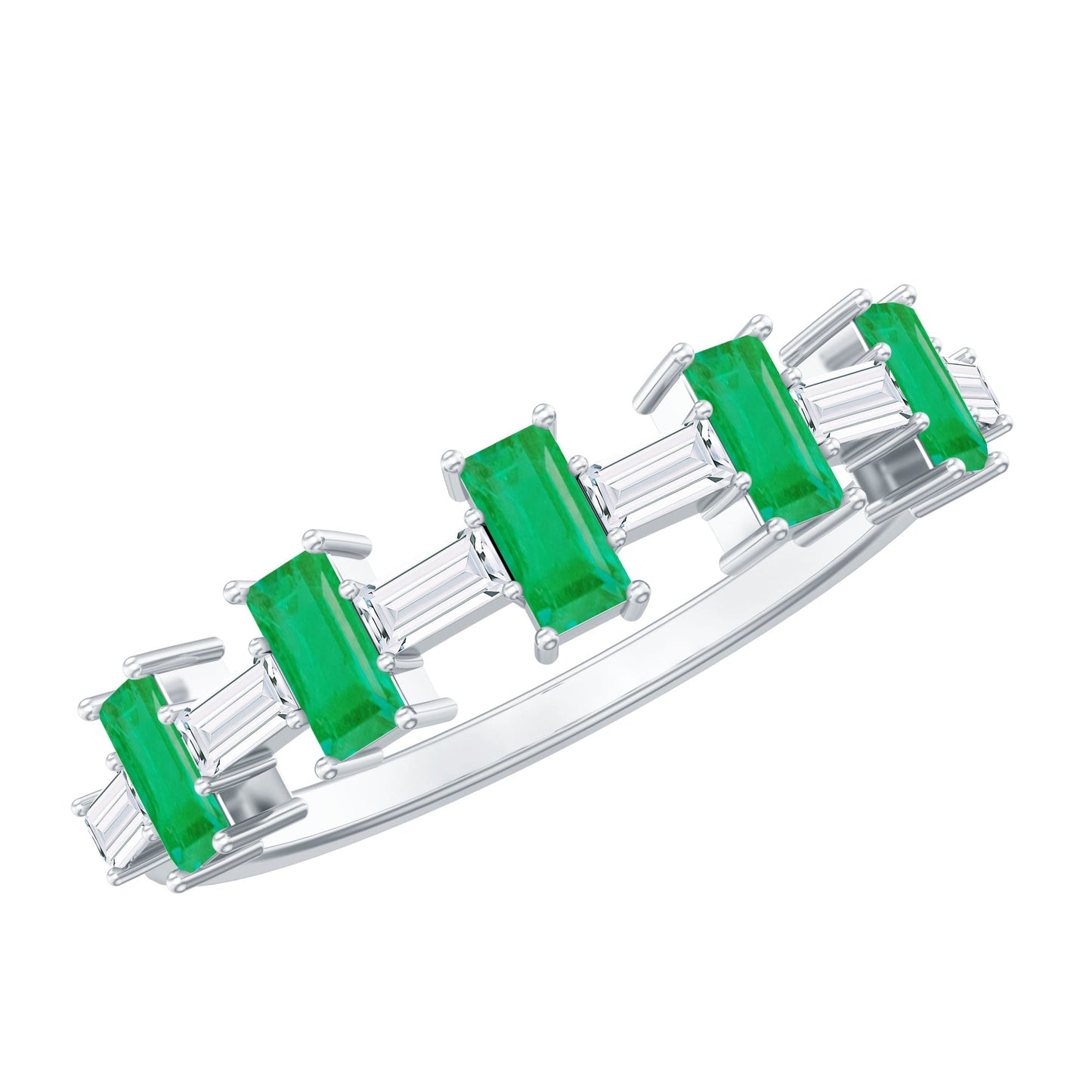 Genuine Baguette Emerald Half Eternity Ring with Moissanite