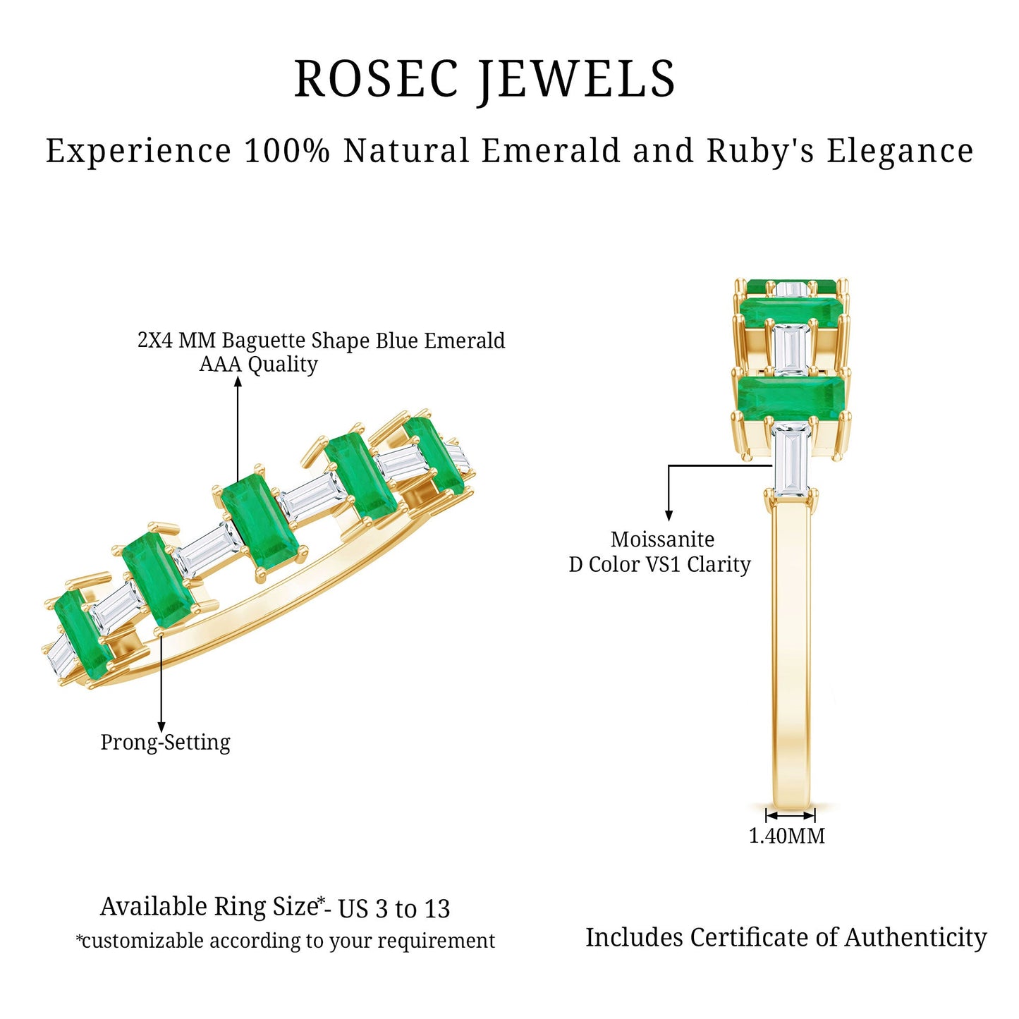 Genuine Baguette Emerald Half Eternity Ring with Moissanite
