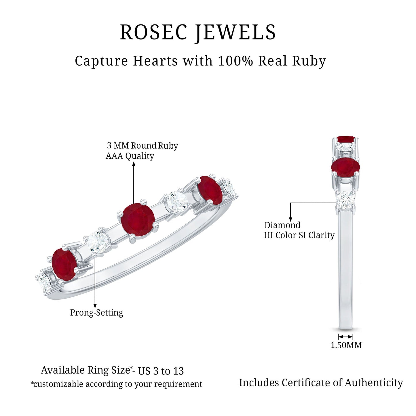 Natural Ruby Half Eternity Anniversary Ring with Diamond