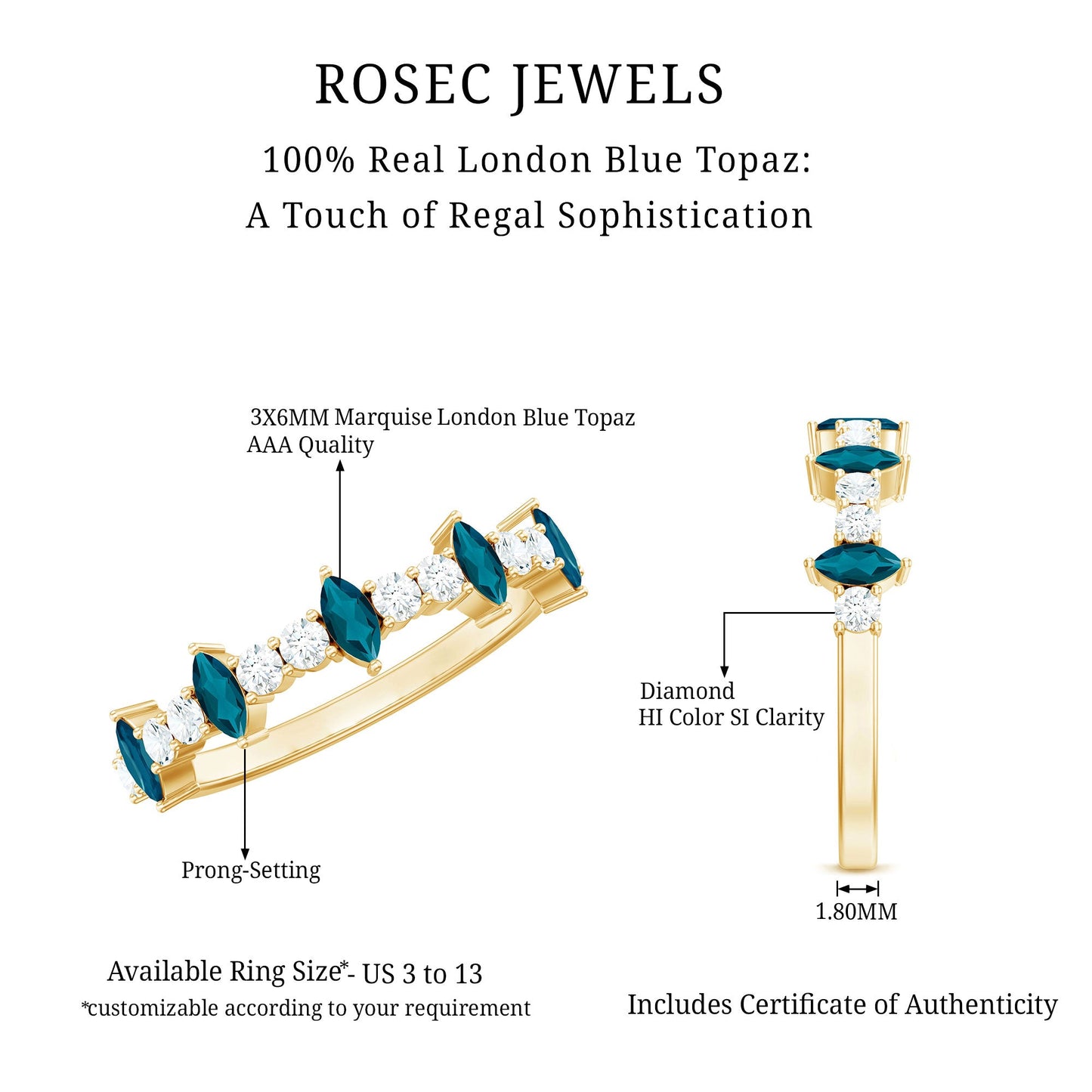 Marquise London Blue Topaz Semi Eternity Band with Diamond