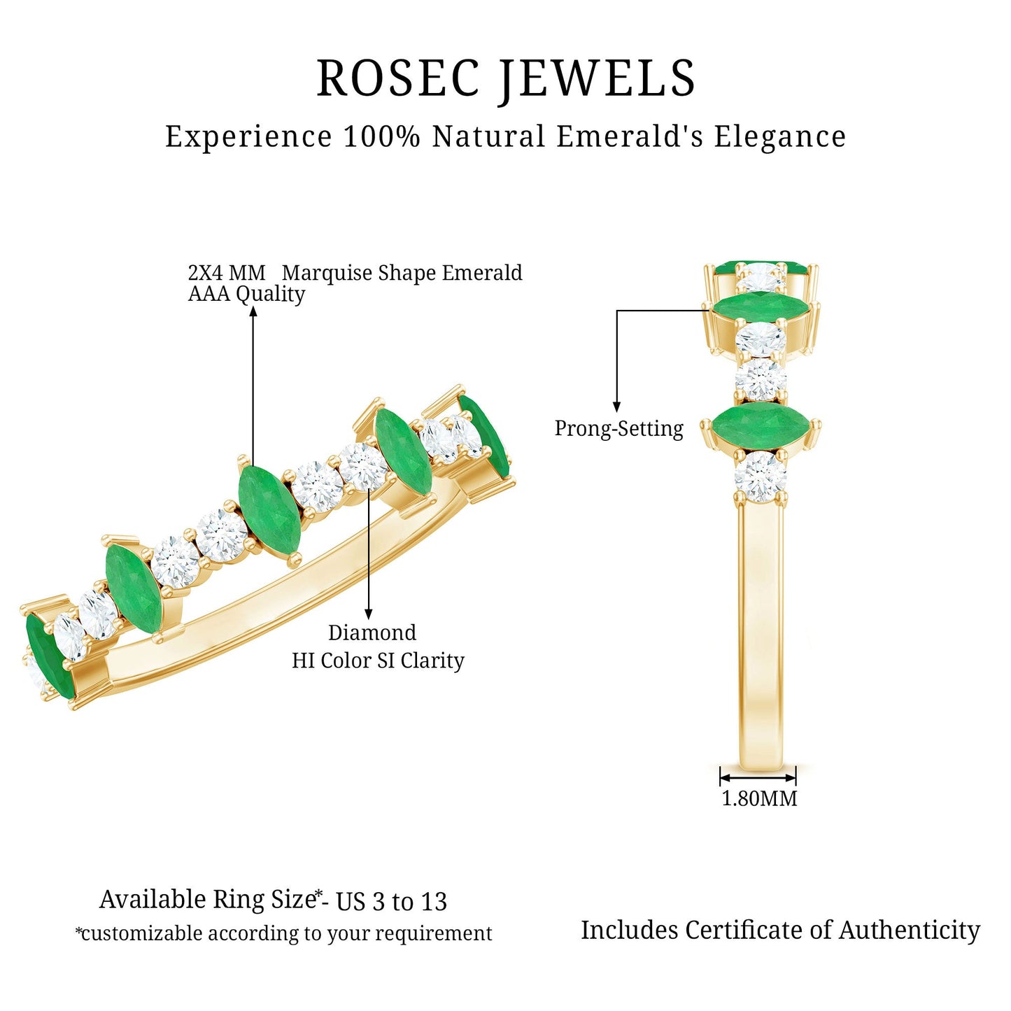 Natural Marquise Emerald Diamond Half Eternity Anniversary Ring with Certificate