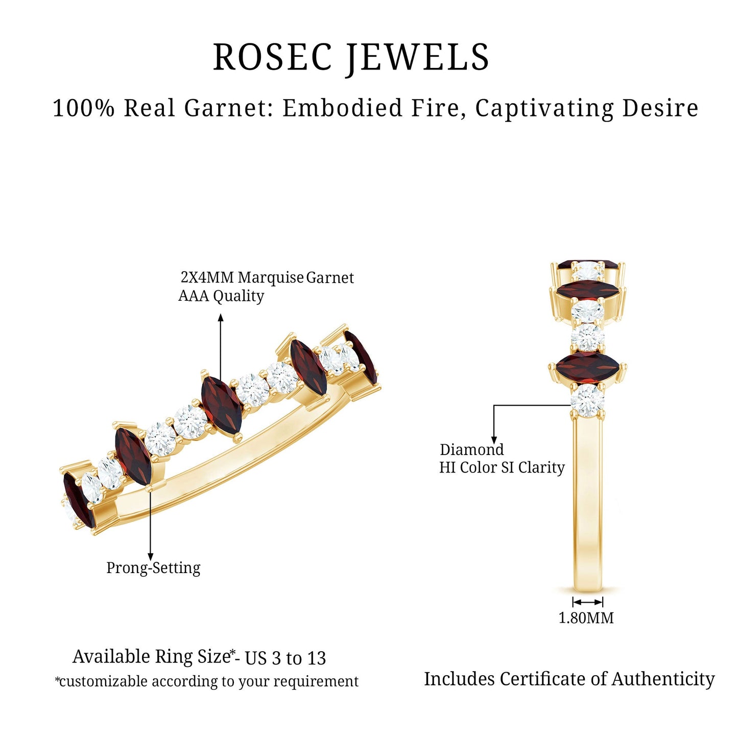 Natural Marquise Garnet Half Eternity Ring with Diamond
