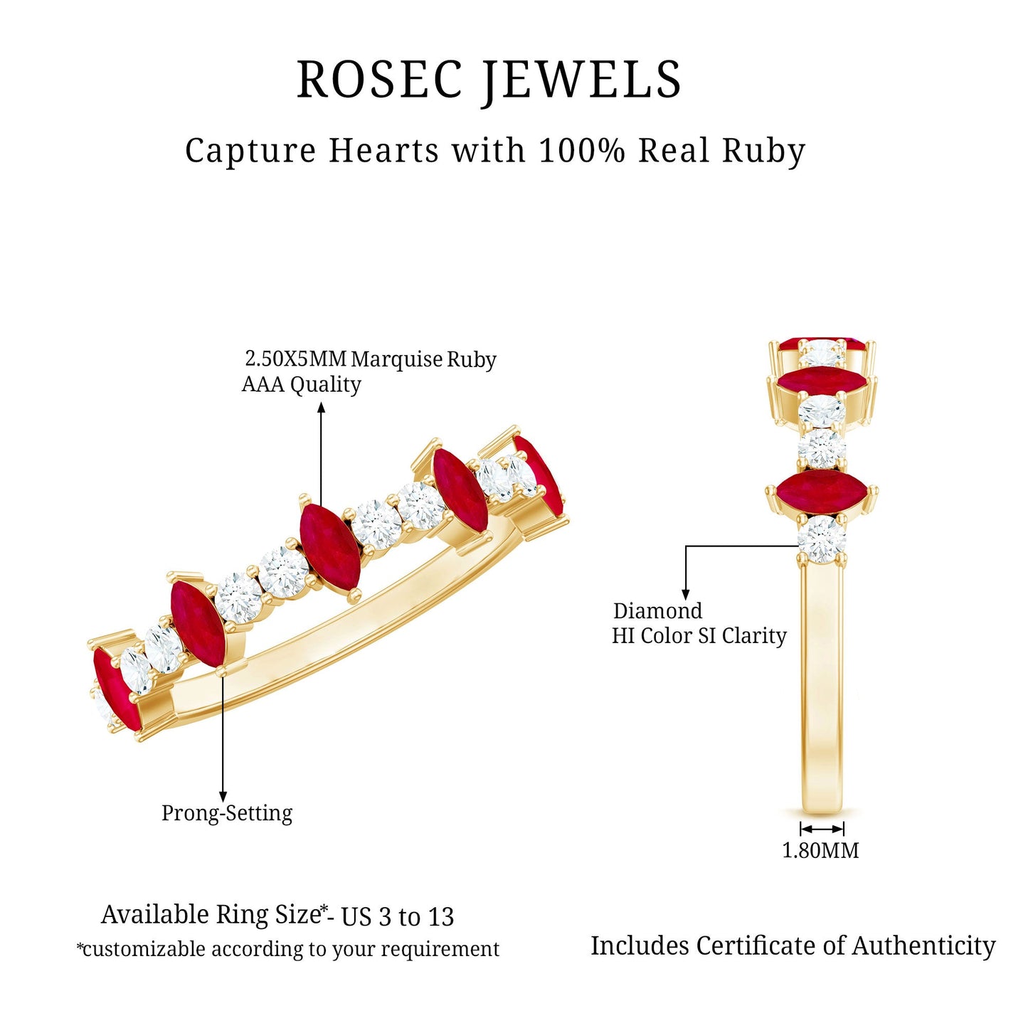 Natural Marquise Ruby Diamond Half Eternity Ring
