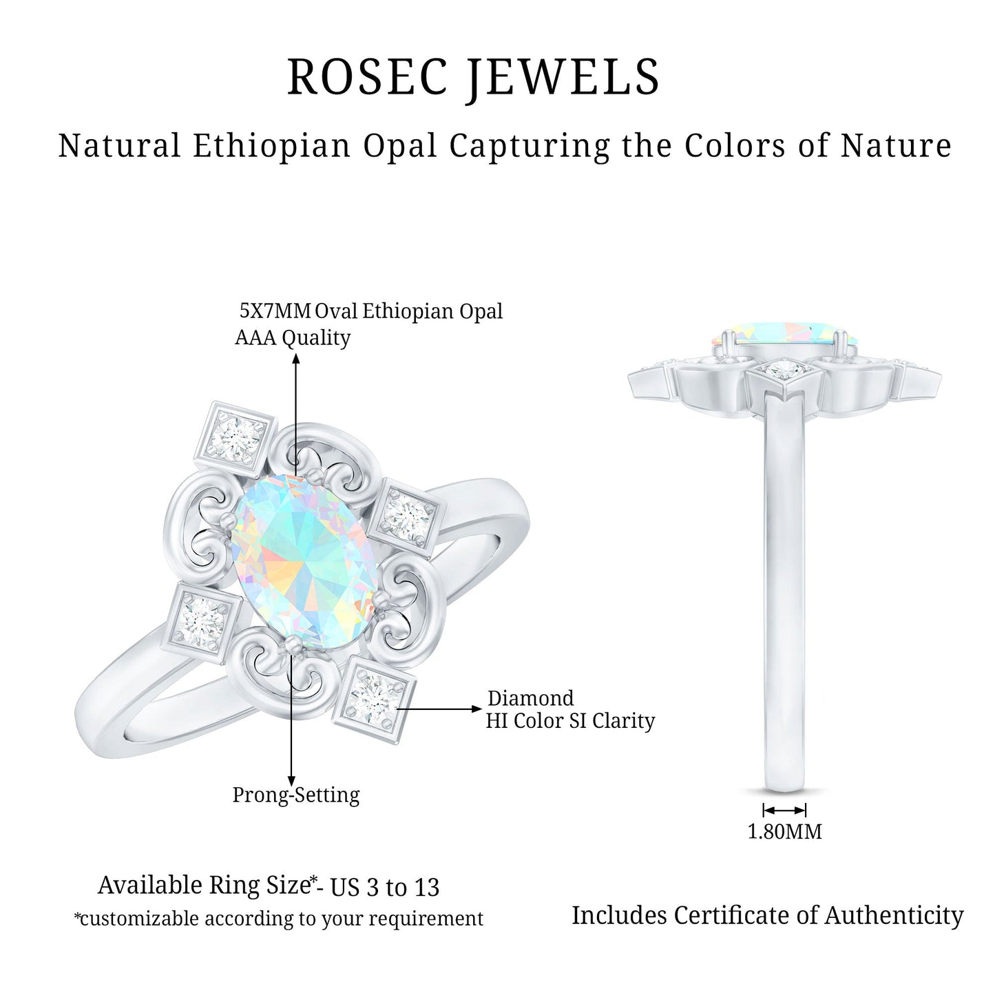 Oval Cut Certified Ethiopian Opal Vintage Inspired Engagement Ring with Diamond