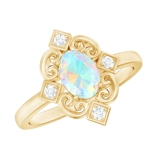 Oval Cut Certified Ethiopian Opal Vintage Inspired Engagement Ring with Diamond