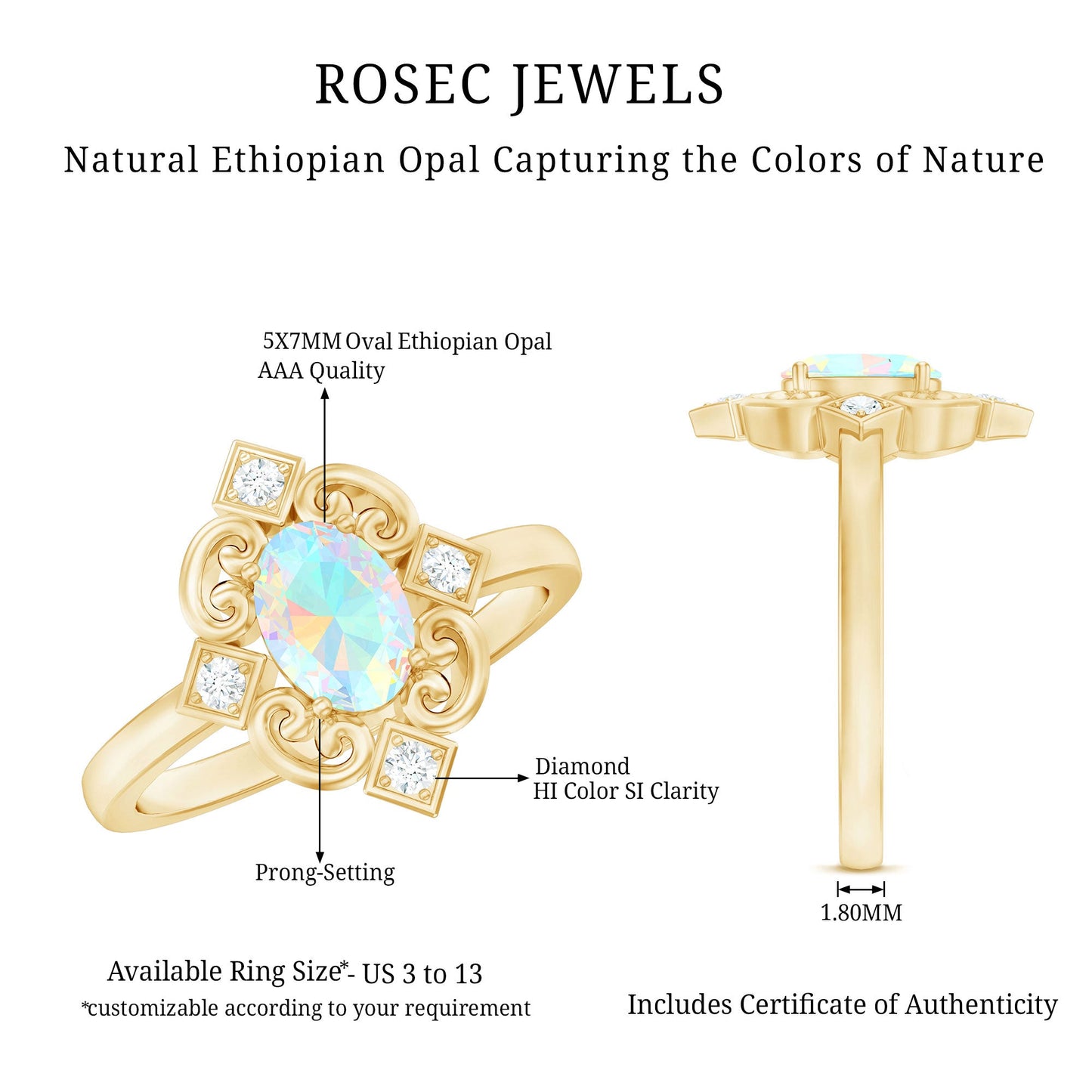 Oval Cut Certified Ethiopian Opal Vintage Inspired Engagement Ring with Diamond