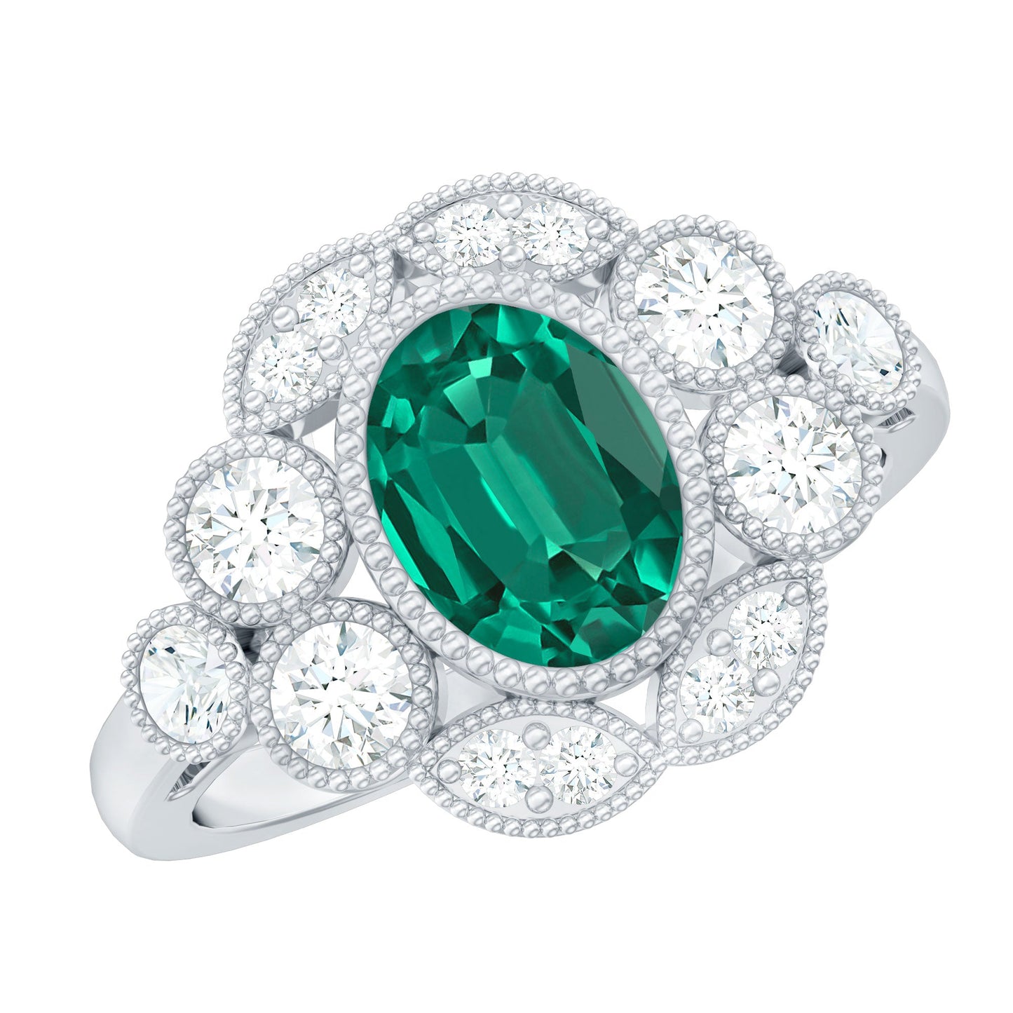 Certified Oval Lab Grown Emerald Antique Looking Engagement Ring