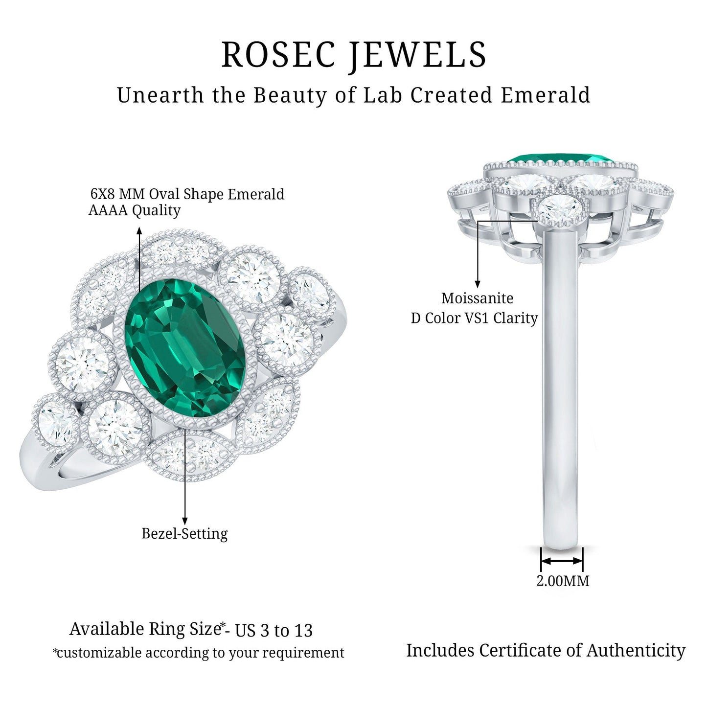 Certified Oval Lab Grown Emerald Antique Looking Engagement Ring