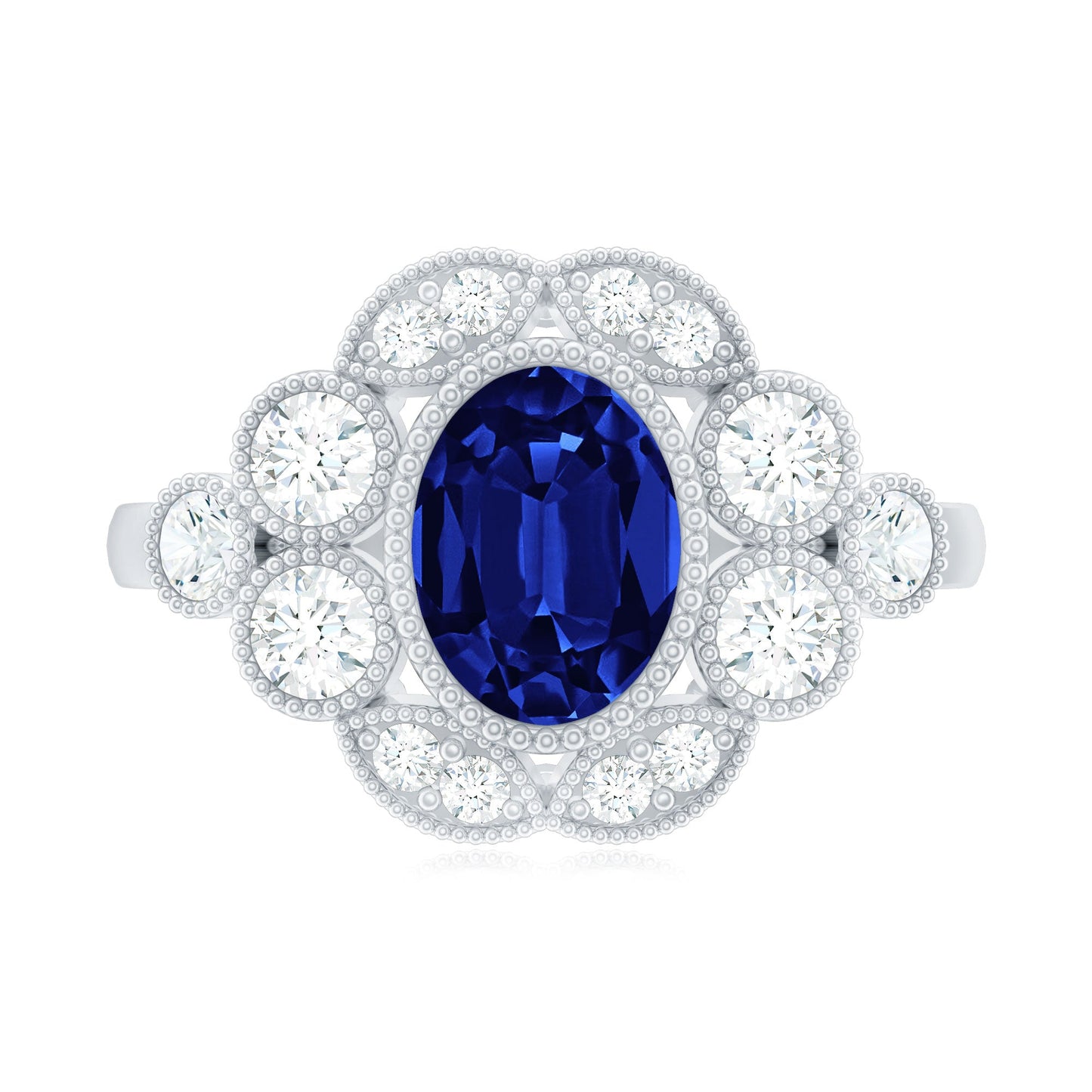 Vintage Looking 1.5 Carat Lab Grown Blue Sapphire Engagement Ring with Diamond
