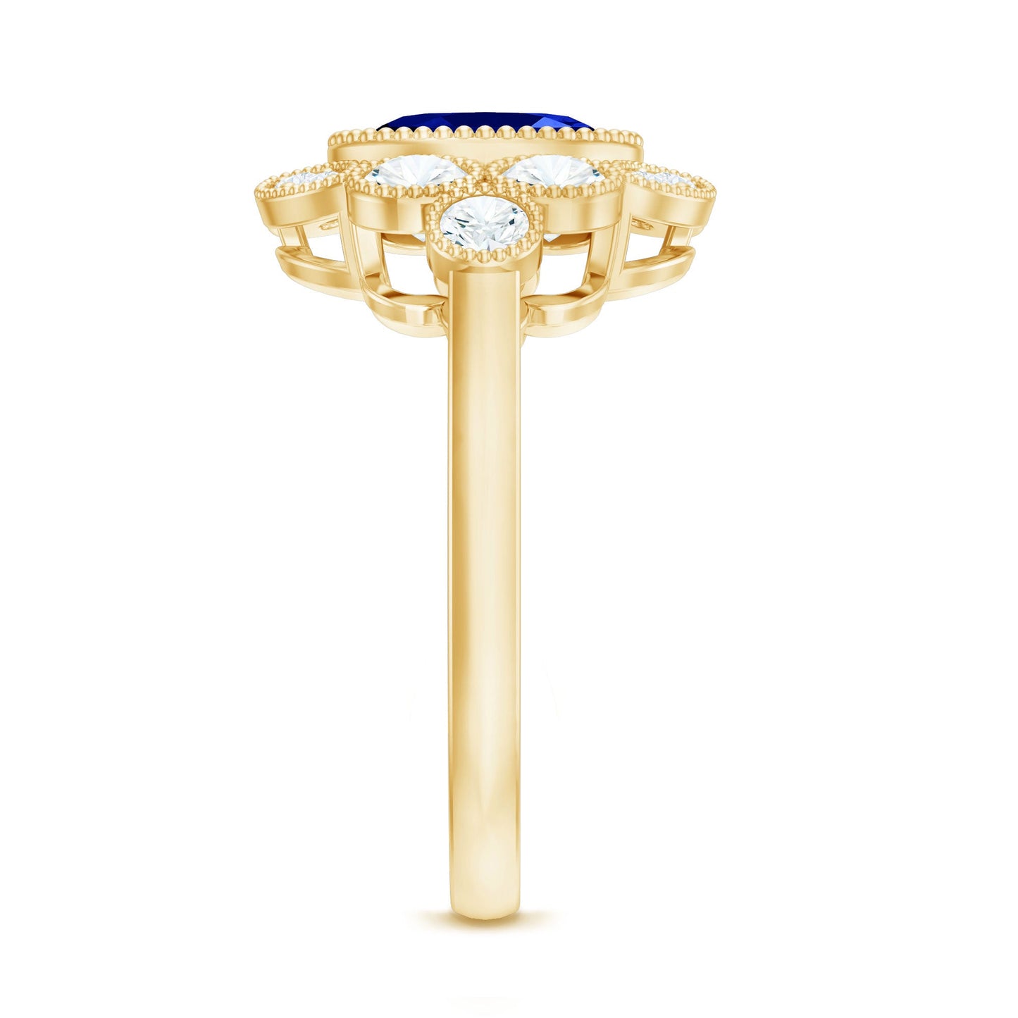 Vintage Looking 1.5 Carat Lab Grown Blue Sapphire Engagement Ring with Diamond
