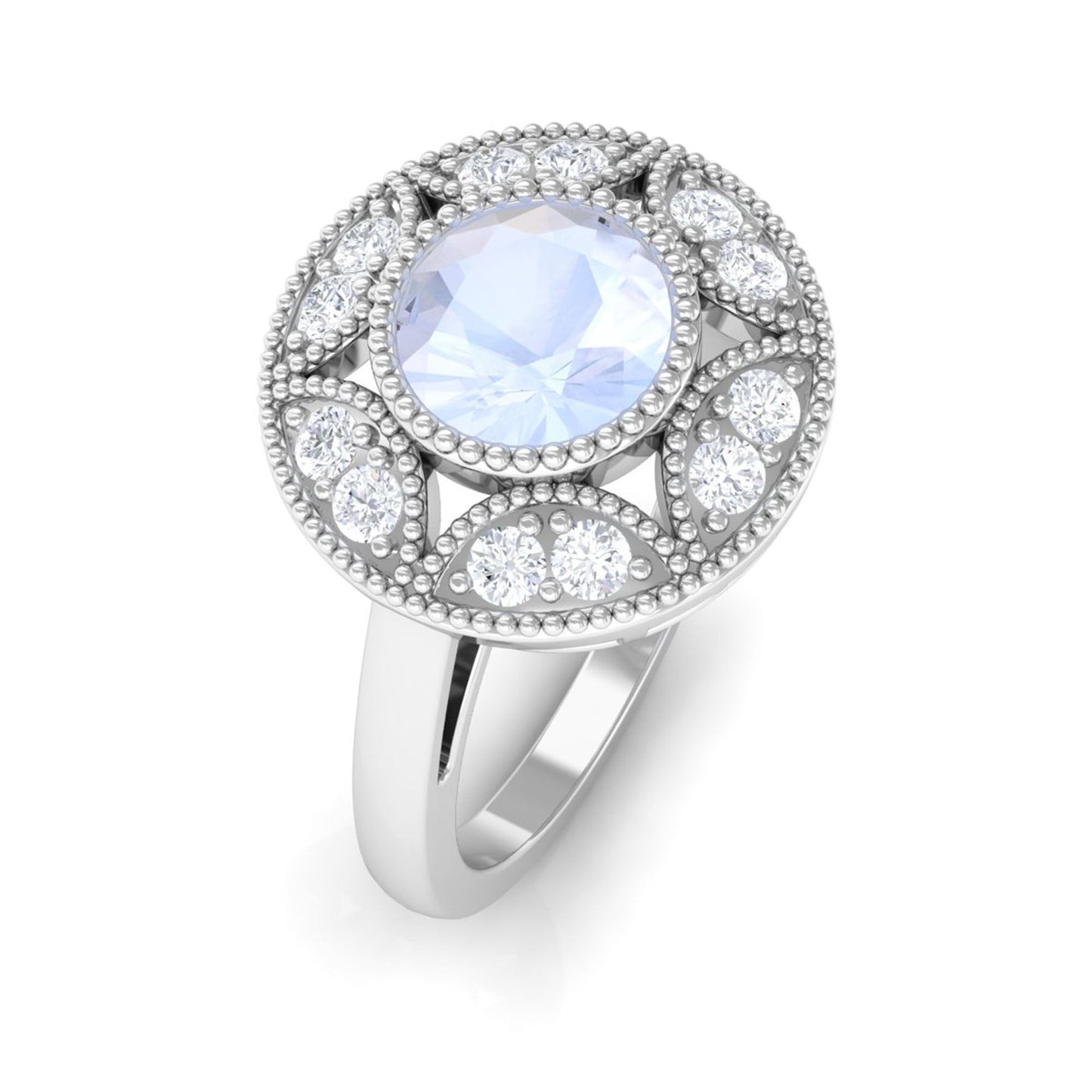0.3 Carat Round Moonstone and Diamond Vintage Engagement Ring