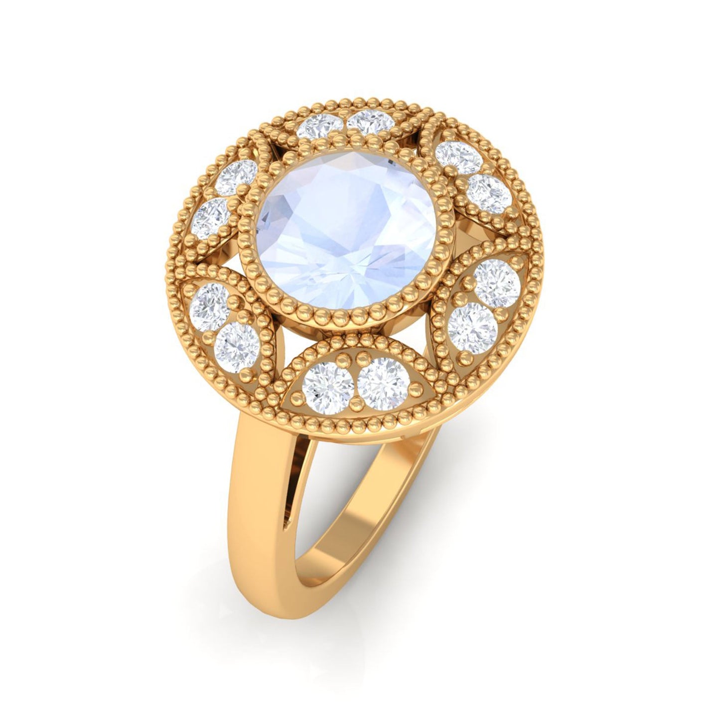 0.3 Carat Round Moonstone and Diamond Vintage Engagement Ring