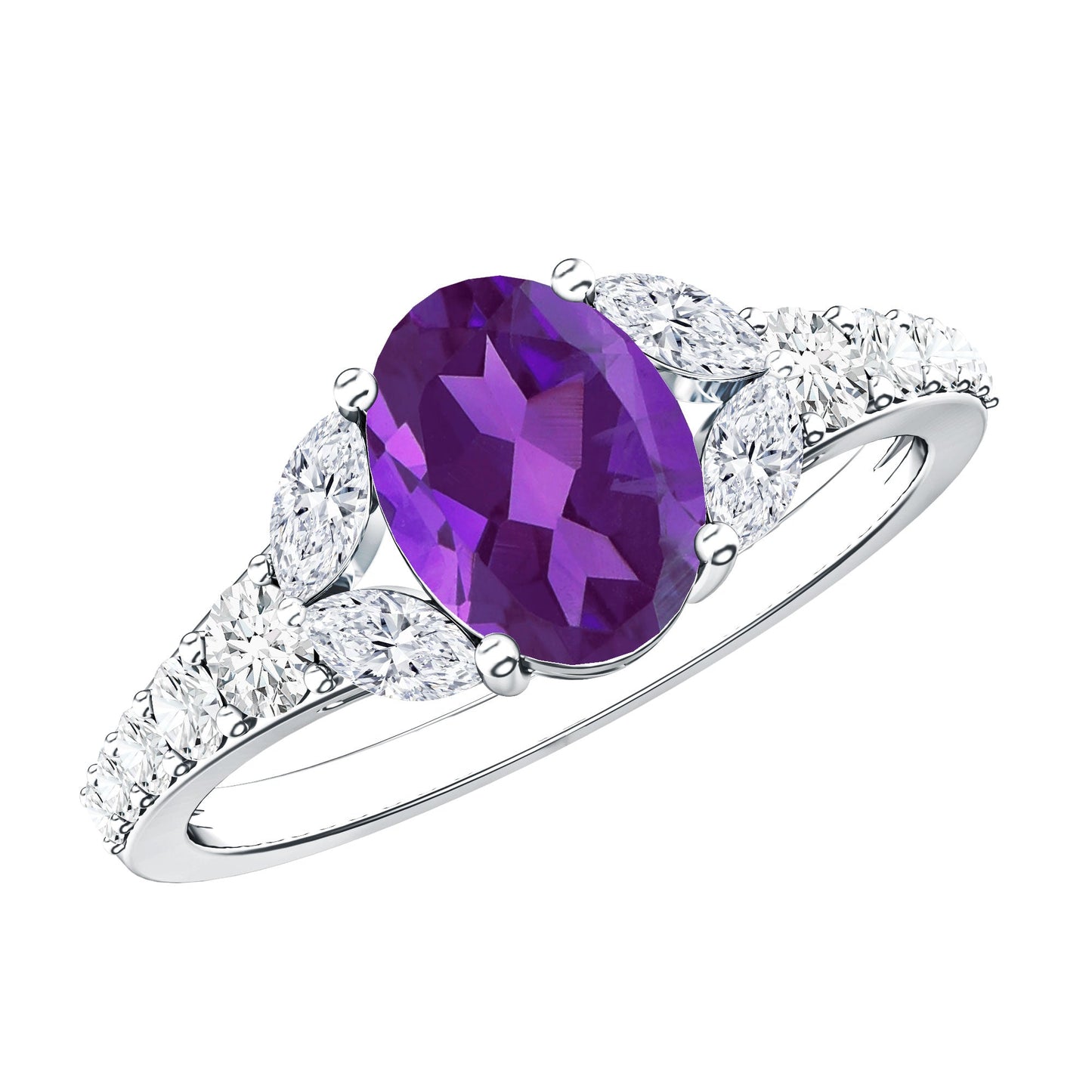 Natural 1 Carat Amethyst Oval Engagement Ring with Diamond
