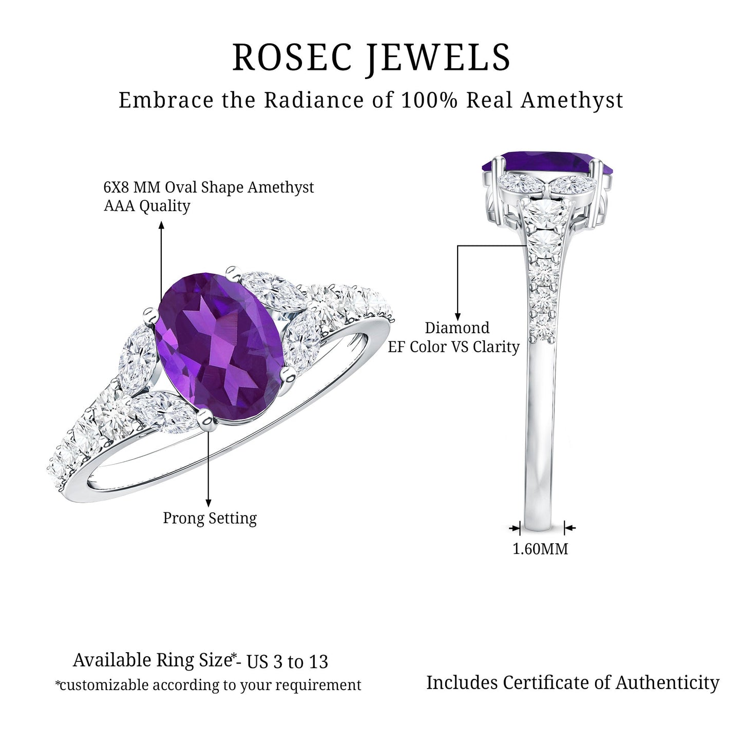 Natural 1 Carat Amethyst Oval Engagement Ring with Diamond