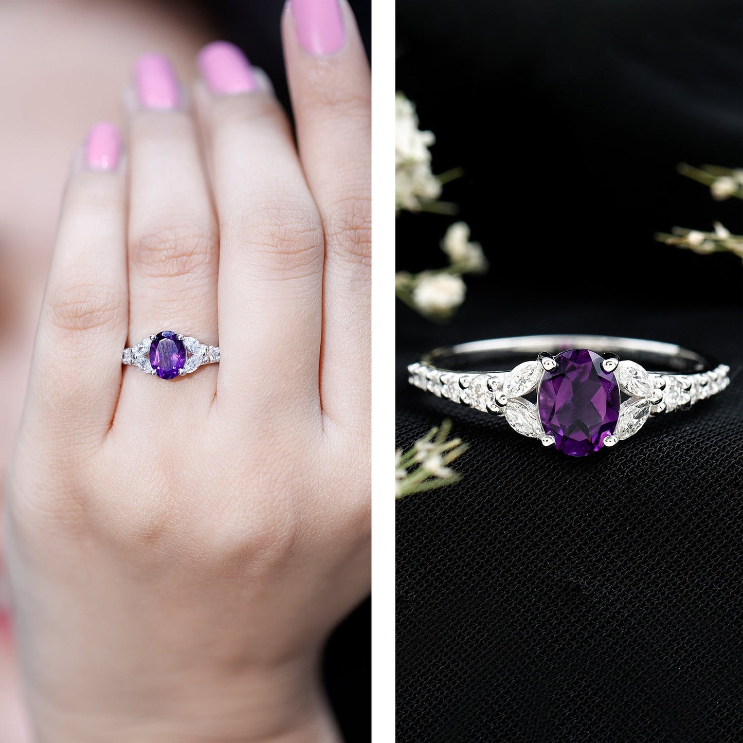 Natural 1 Carat Amethyst Oval Engagement Ring with Diamond