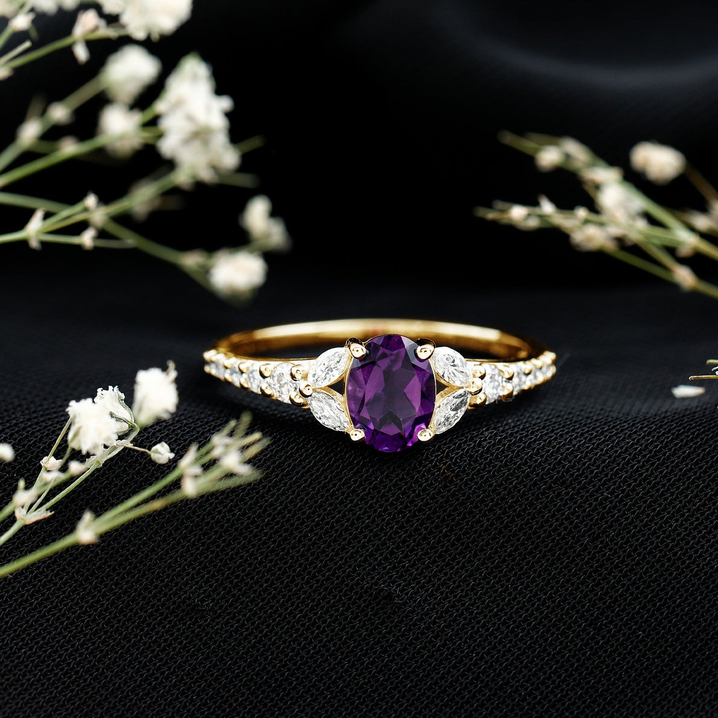 Natural 1 Carat Amethyst Oval Engagement Ring with Diamond