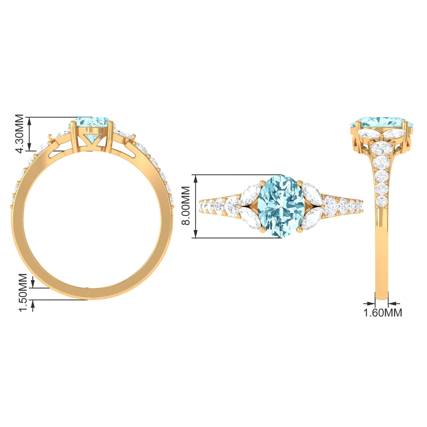 1 Carat Oval Aquamarine Engagement Ring with Diamond
