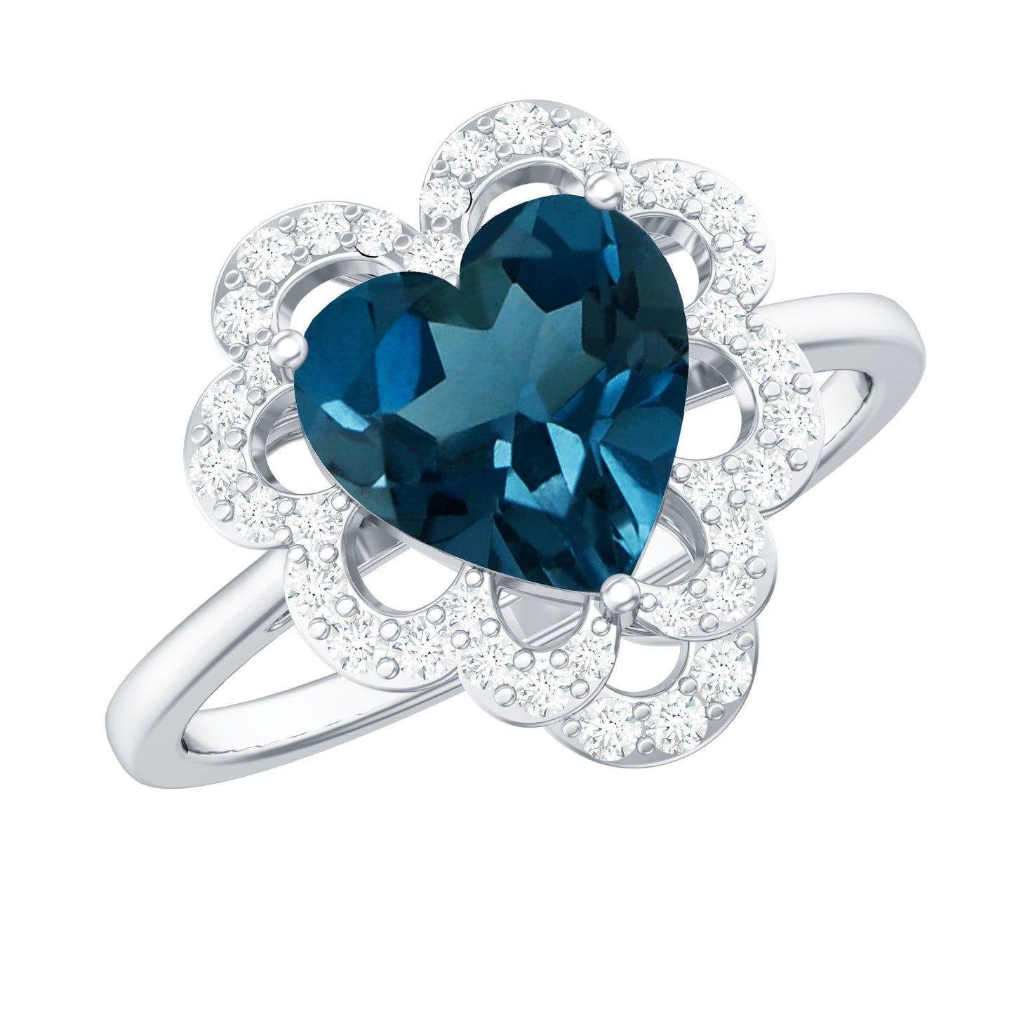 2 Carat Heart Shape London Blue Topaz Designer Engagement Ring with Diamond Halo
