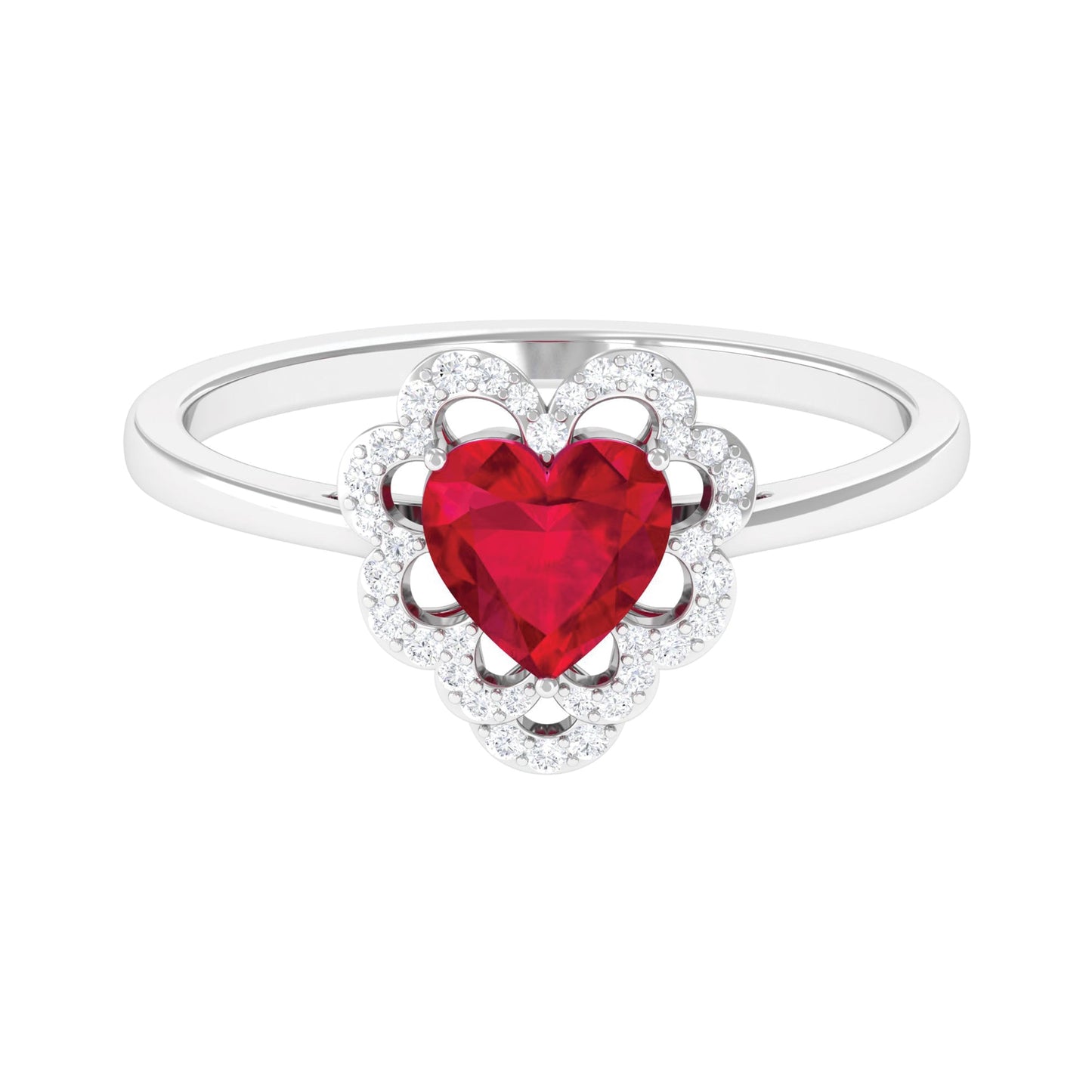 0.9 Carat Lab Created Ruby Heart Engagement Ring with Diamond Accent