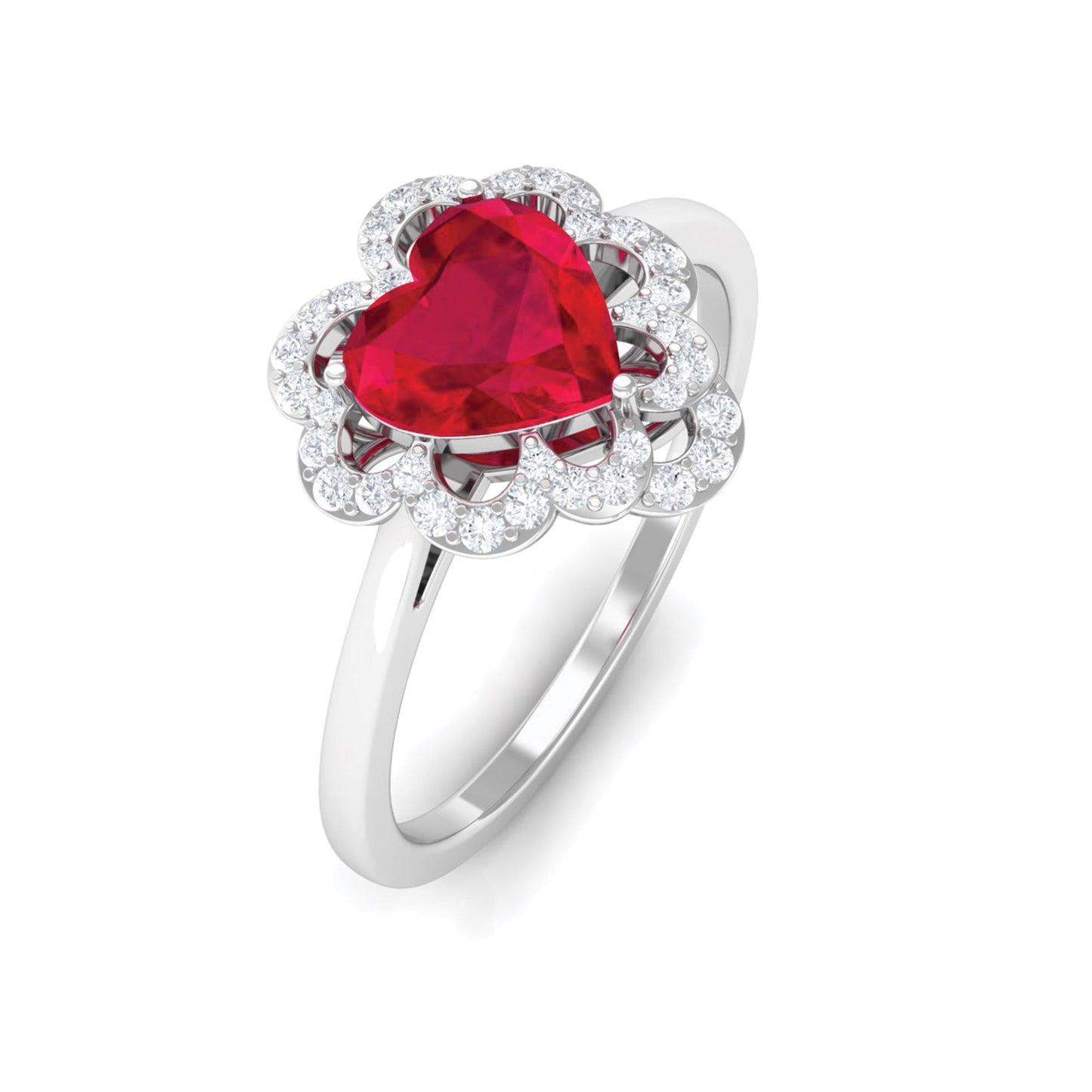 0.9 Carat Lab Created Ruby Heart Engagement Ring with Diamond Accent