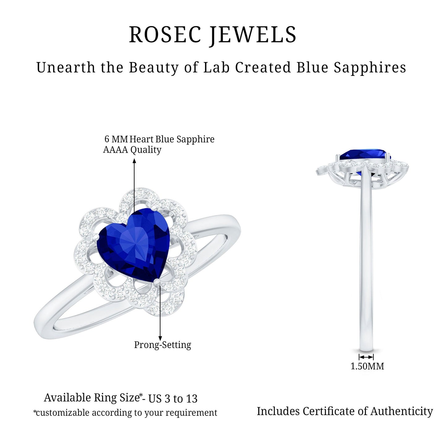 0.9 Carat Heart Lab Grown Blue Sapphire Designer Engagement Ring with Diamond
