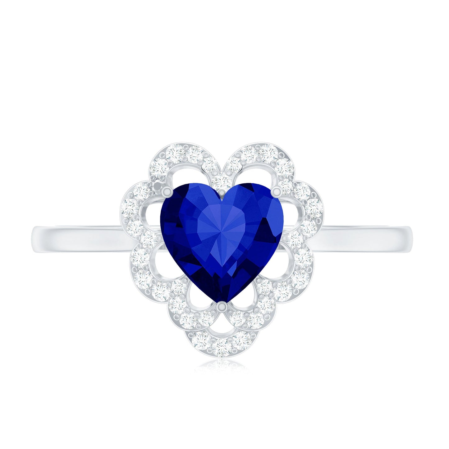 0.9 Carat Heart Lab Grown Blue Sapphire Designer Engagement Ring with Diamond