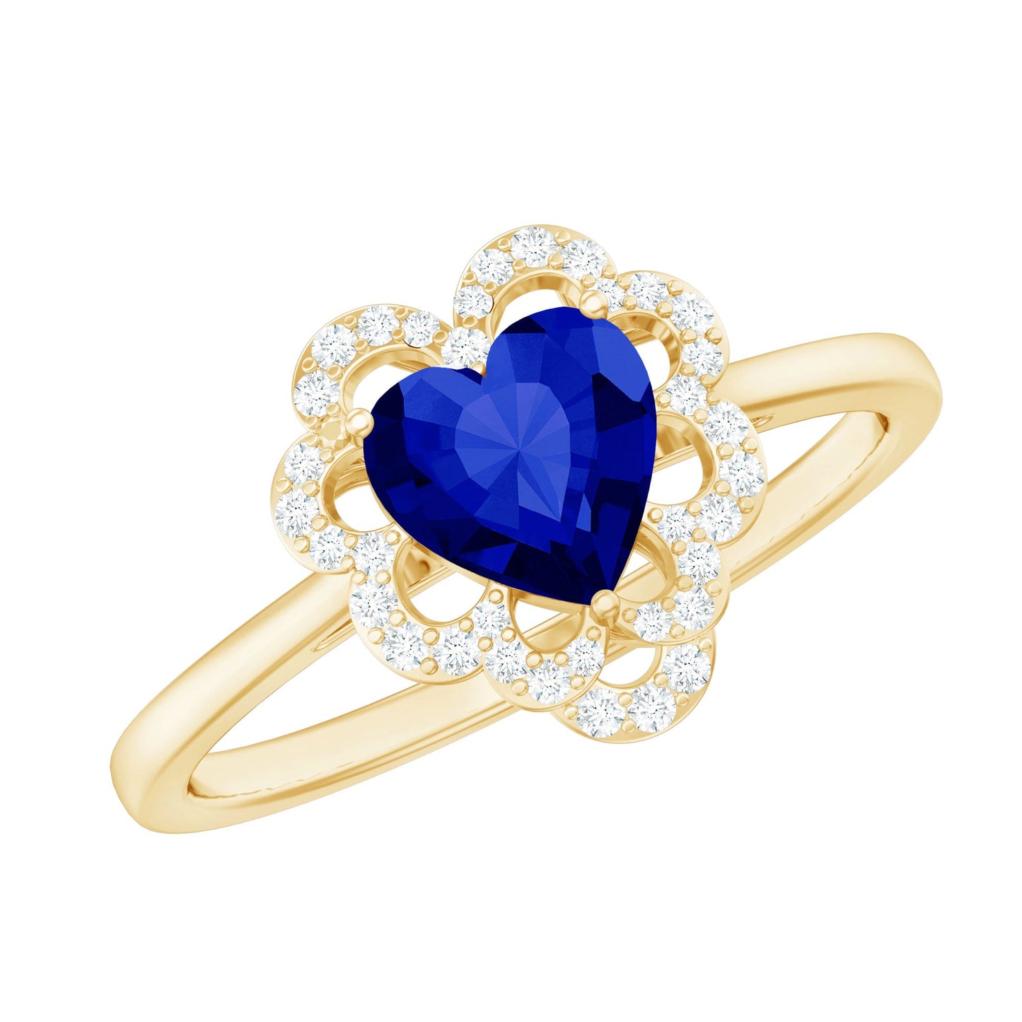 0.9 Carat Heart Lab Grown Blue Sapphire Designer Engagement Ring with Diamond