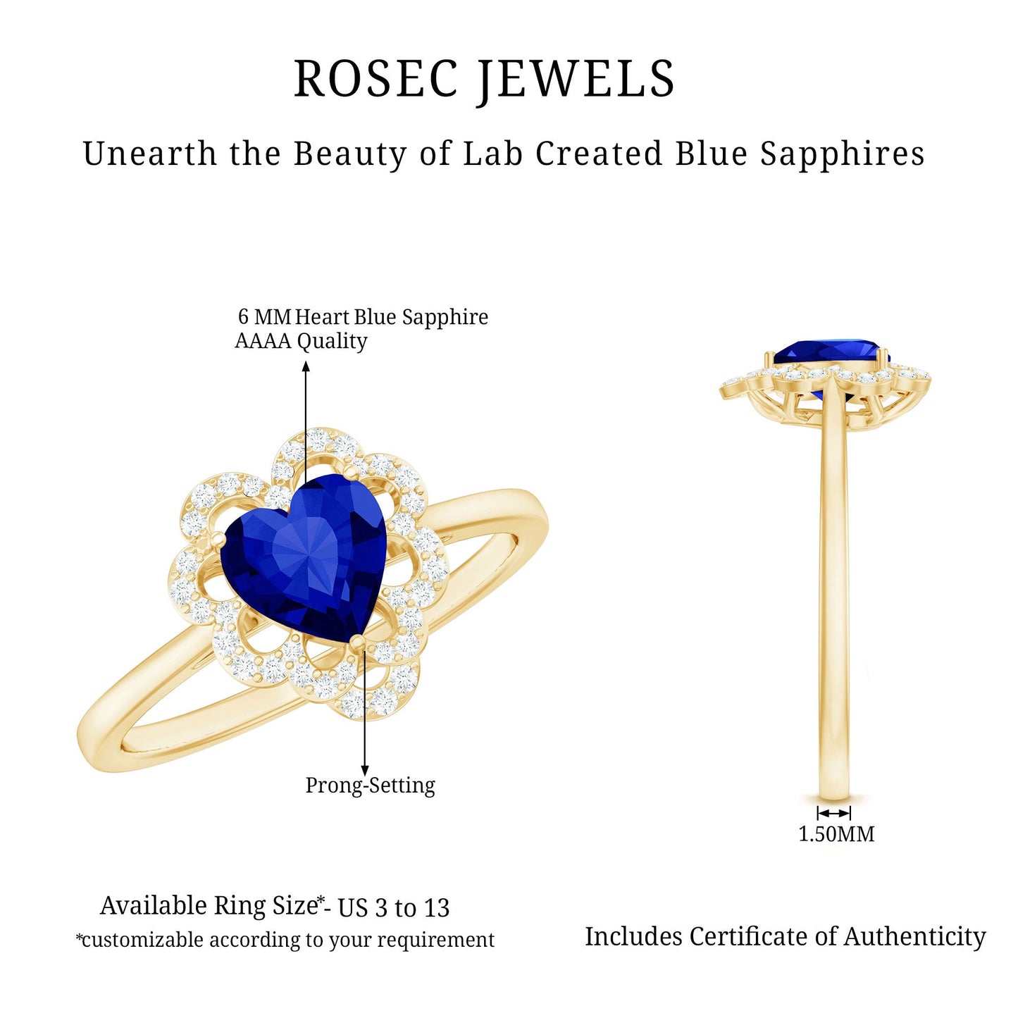 0.9 Carat Heart Lab Grown Blue Sapphire Designer Engagement Ring with Diamond