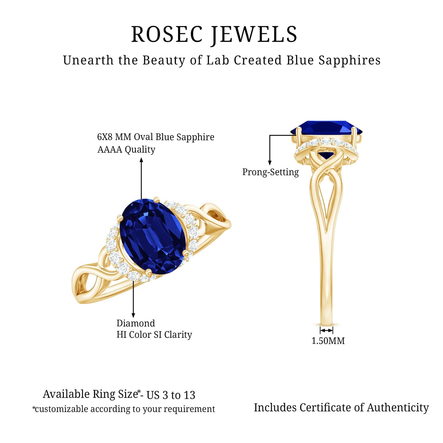 Certified 1.5 Carat Lab Grown Blue Sapphire Diamond Oval Engagement Ring with Crossover Shank