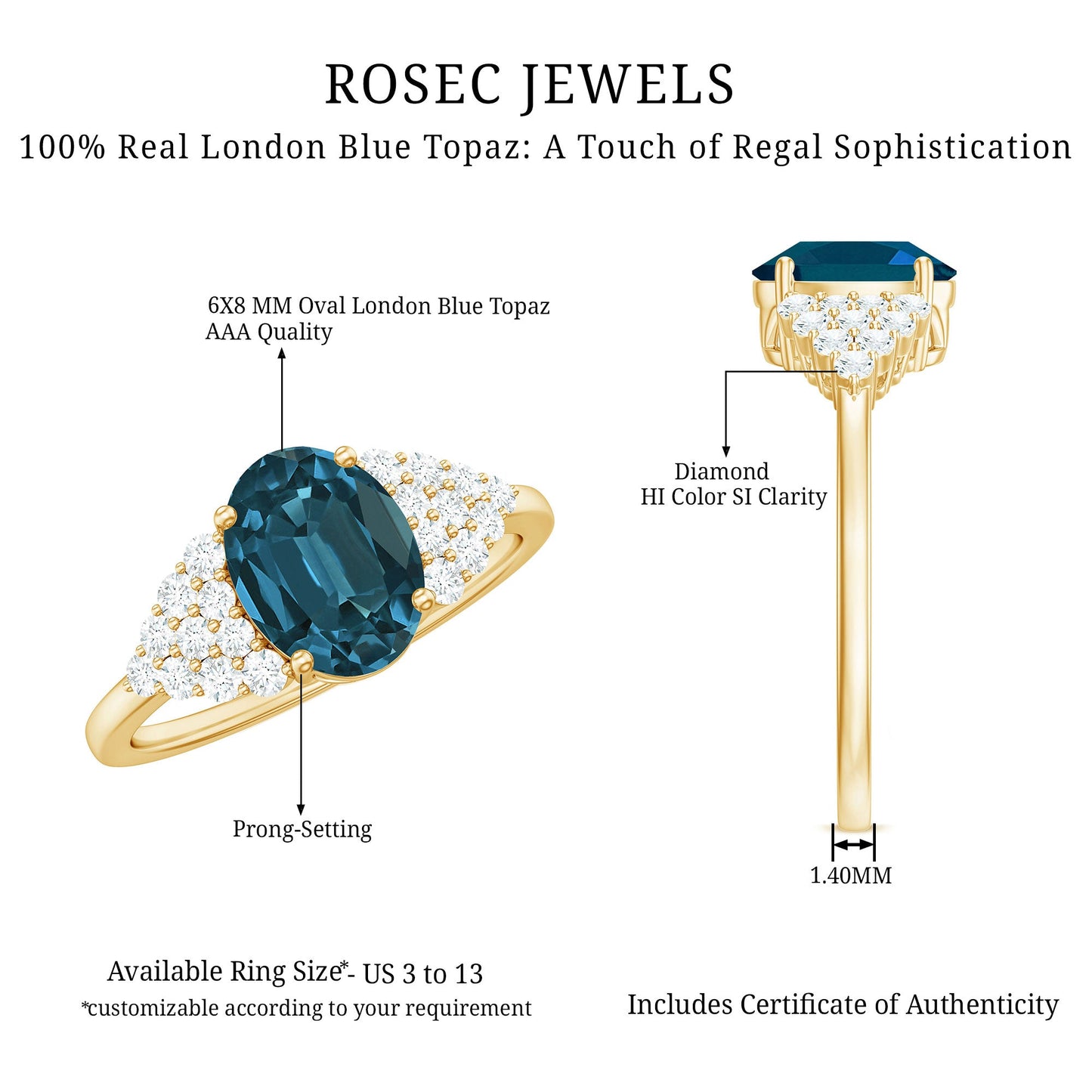 1 Carat Oval Cut London Blue Topaz Classic Engagement Ring with Diamond