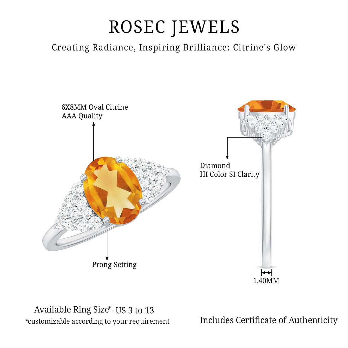 Natural Yellow Citrine Oval Engagement Ring with Diamond Side Stones
