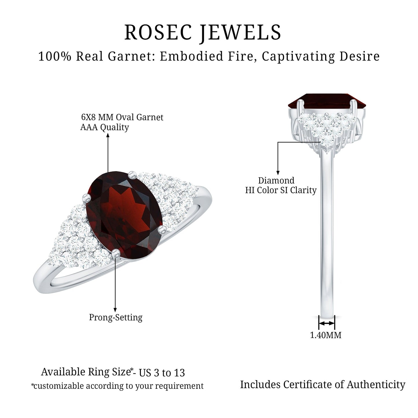 Certified Real 1.5 Carat Garnet Oval Engagement Ring with Diamond