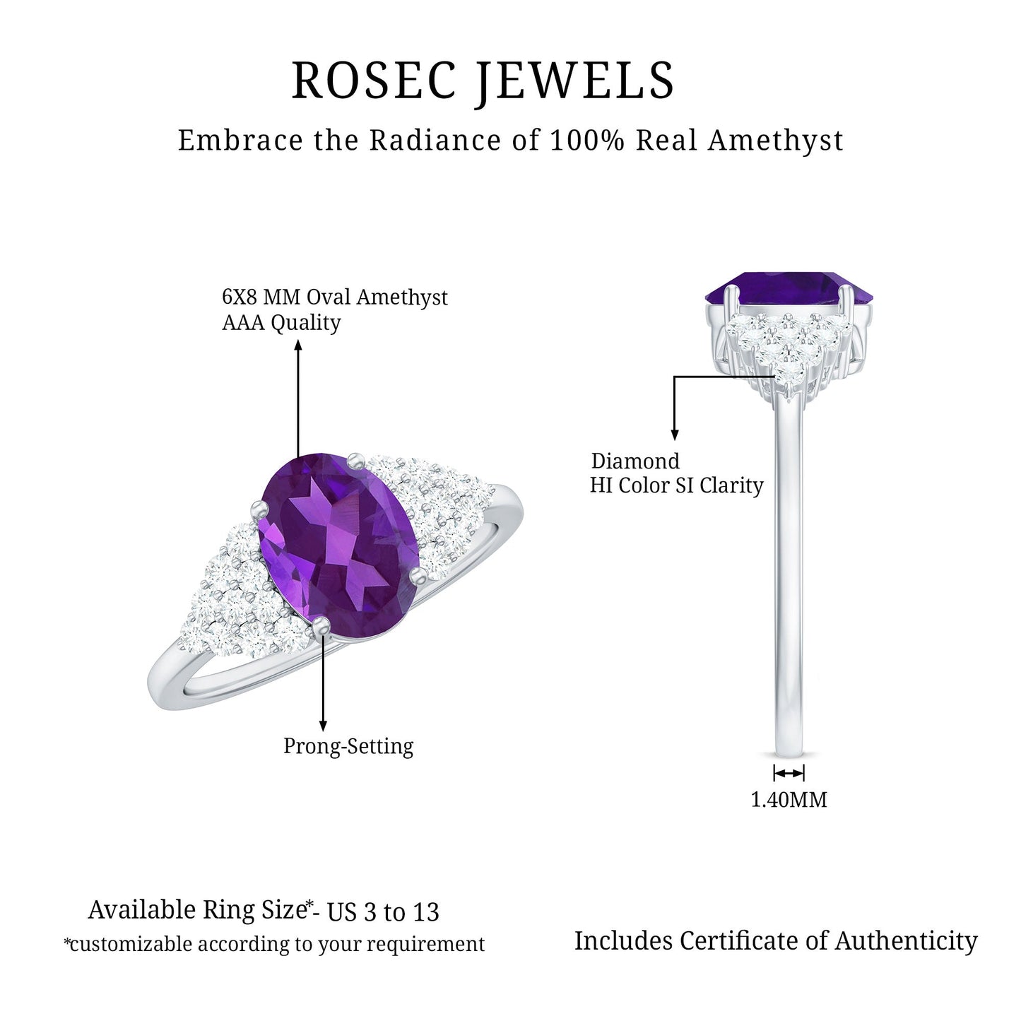 1 Carat Oval Amethyst Engagement Ring with Diamond