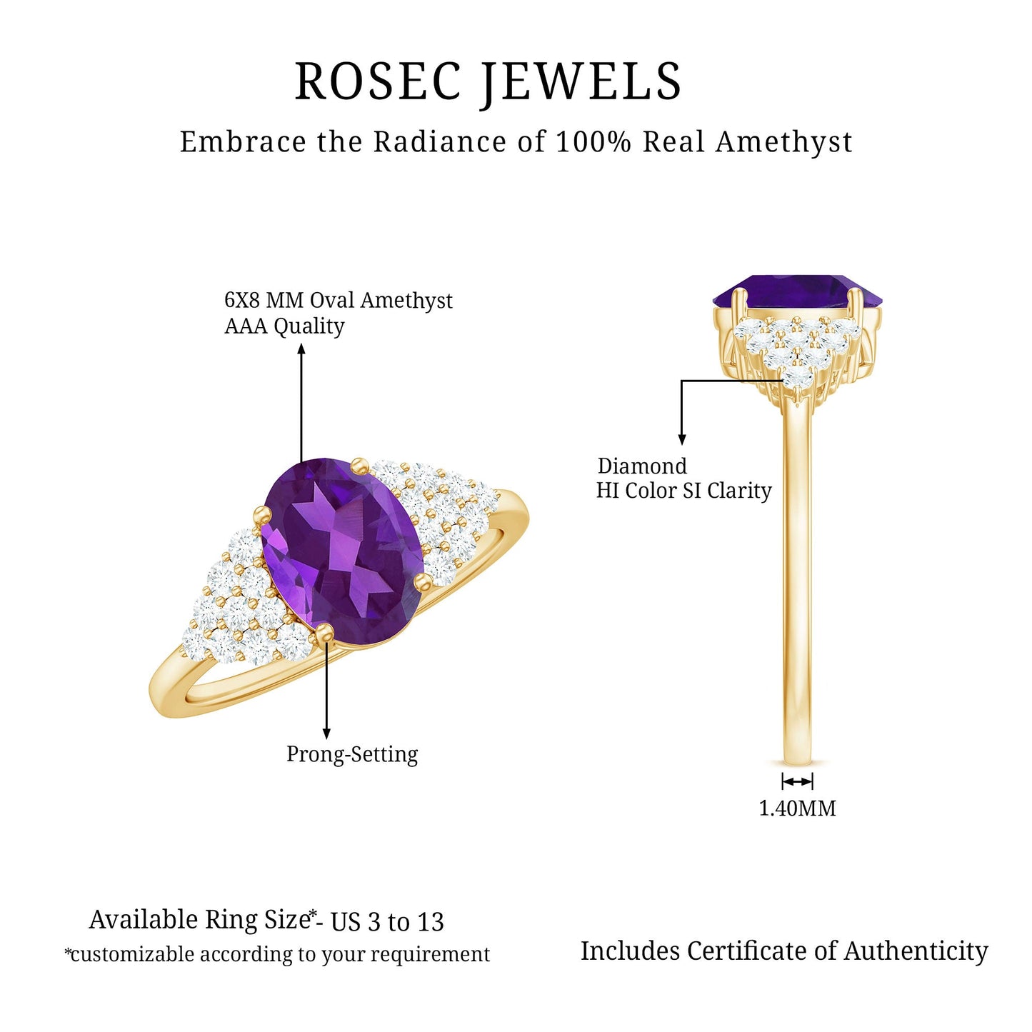 1 Carat Oval Amethyst Engagement Ring with Diamond