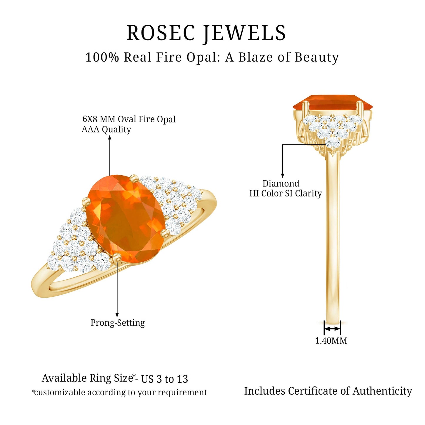 Solitaire Fire Opal Oval Engagement Ring with Diamond