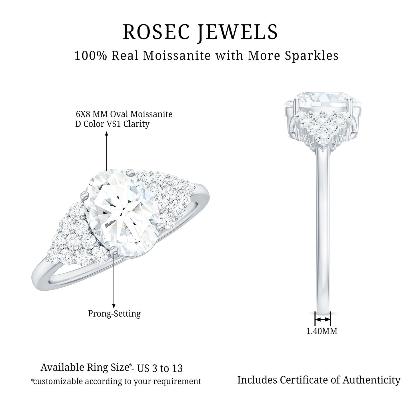 1.2 Carat Oval Moissanite Engagement Ring with Cluster Side Stones
